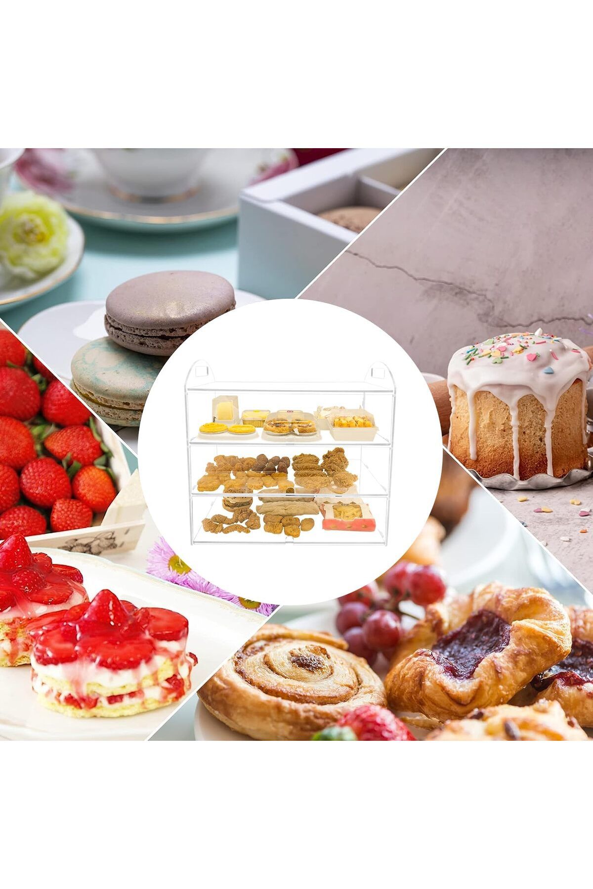 Generic-خزانة عرض شفافة بثلاث طبقات لعرض المخبوزات والمعجنات، مقاس 19.49 × 14.96 × 10.23 بوصة 7