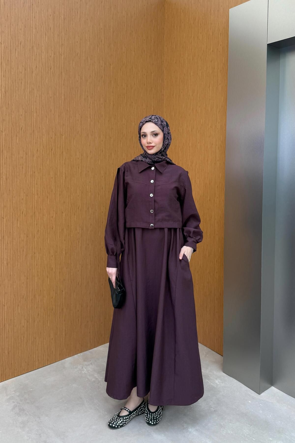QUQA Ceketli Keten Elbise - Bordo