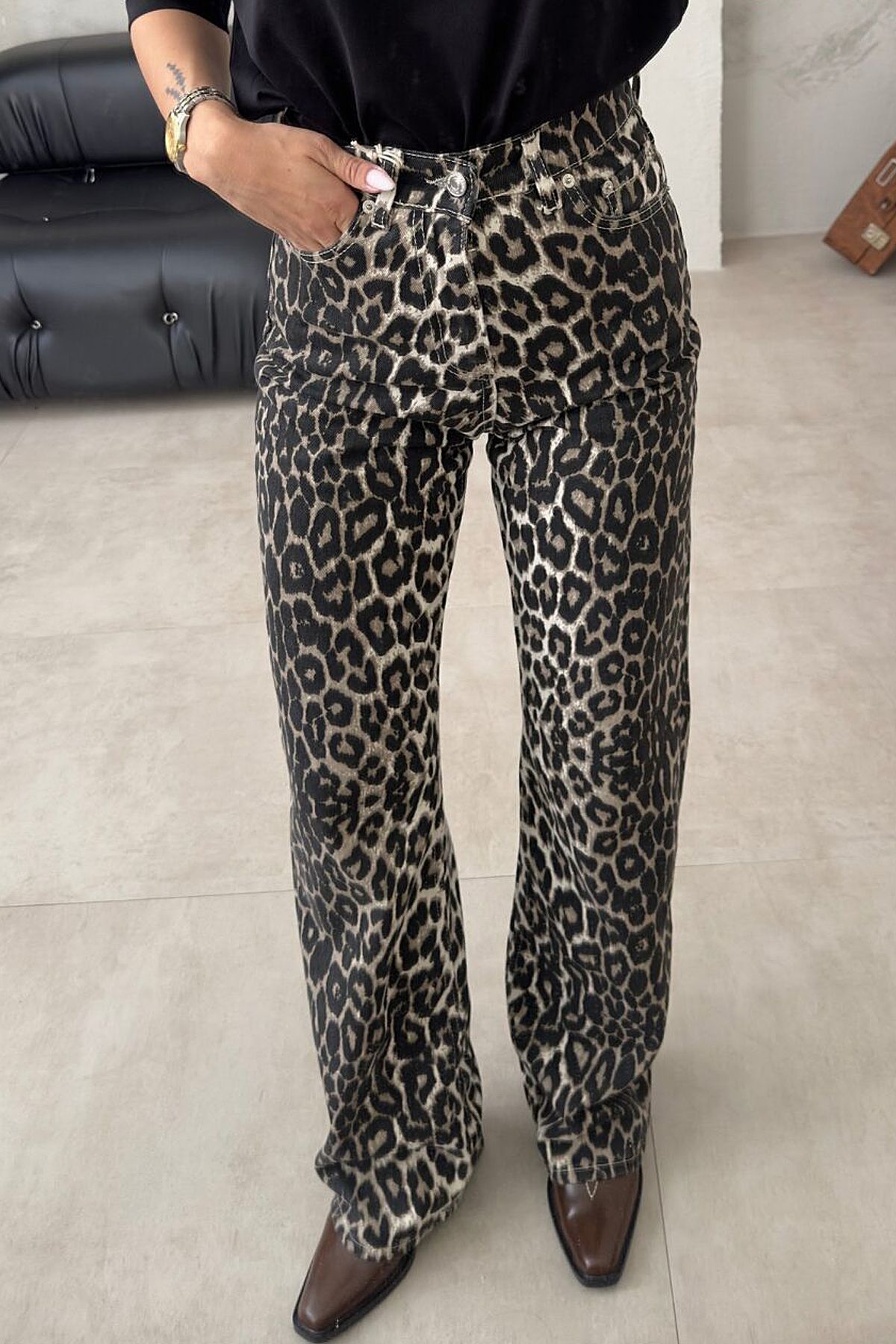 studio fashion 1988 Kadın Leopar Desenli Straight Fit Yüksek Bel Orijinal Zr Pantolon