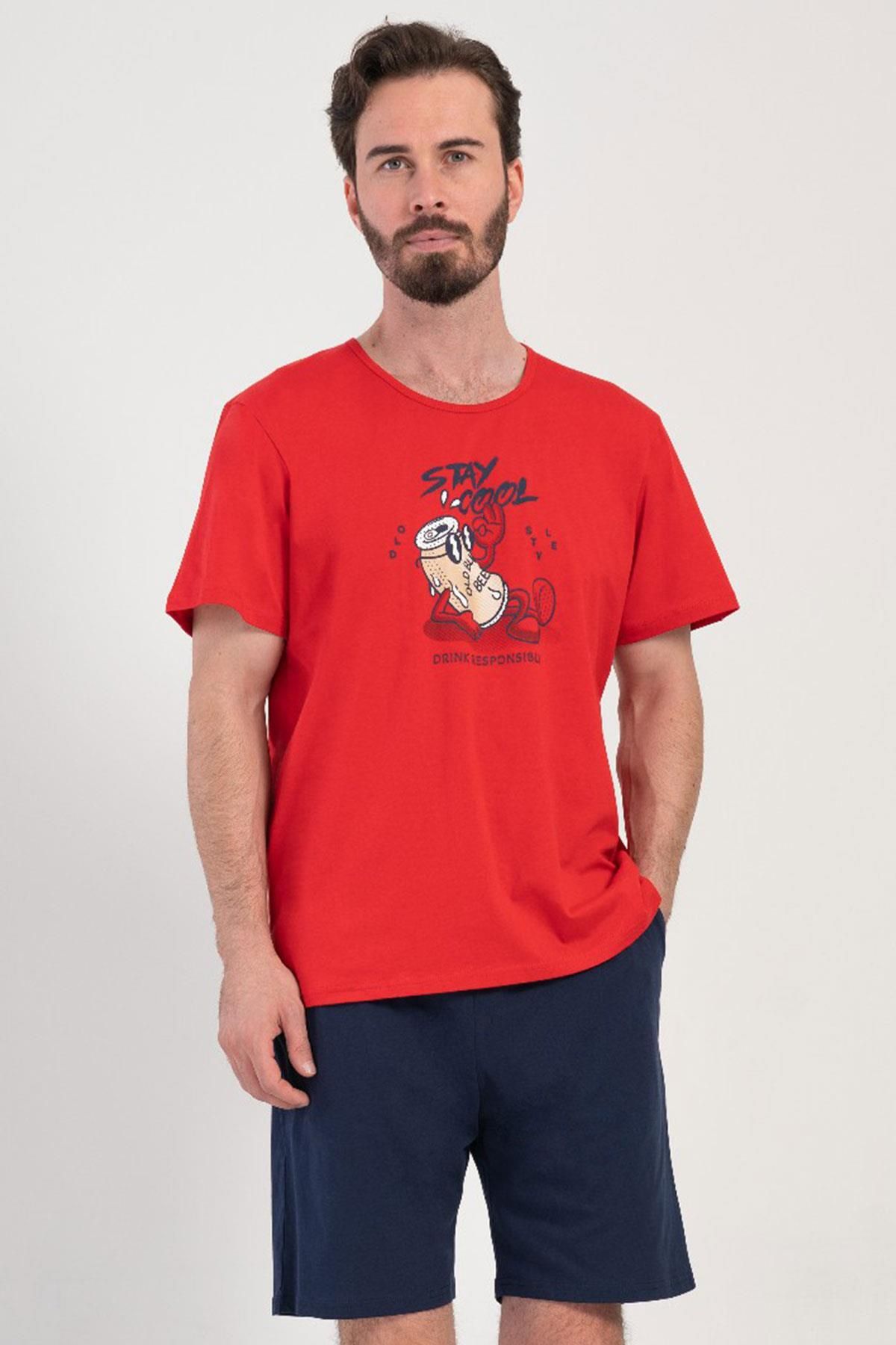 VİENETTA Erkek Büyük Beden Kısa Kol Kırmızı Şortlu Pijama Takım C9T7N1O904