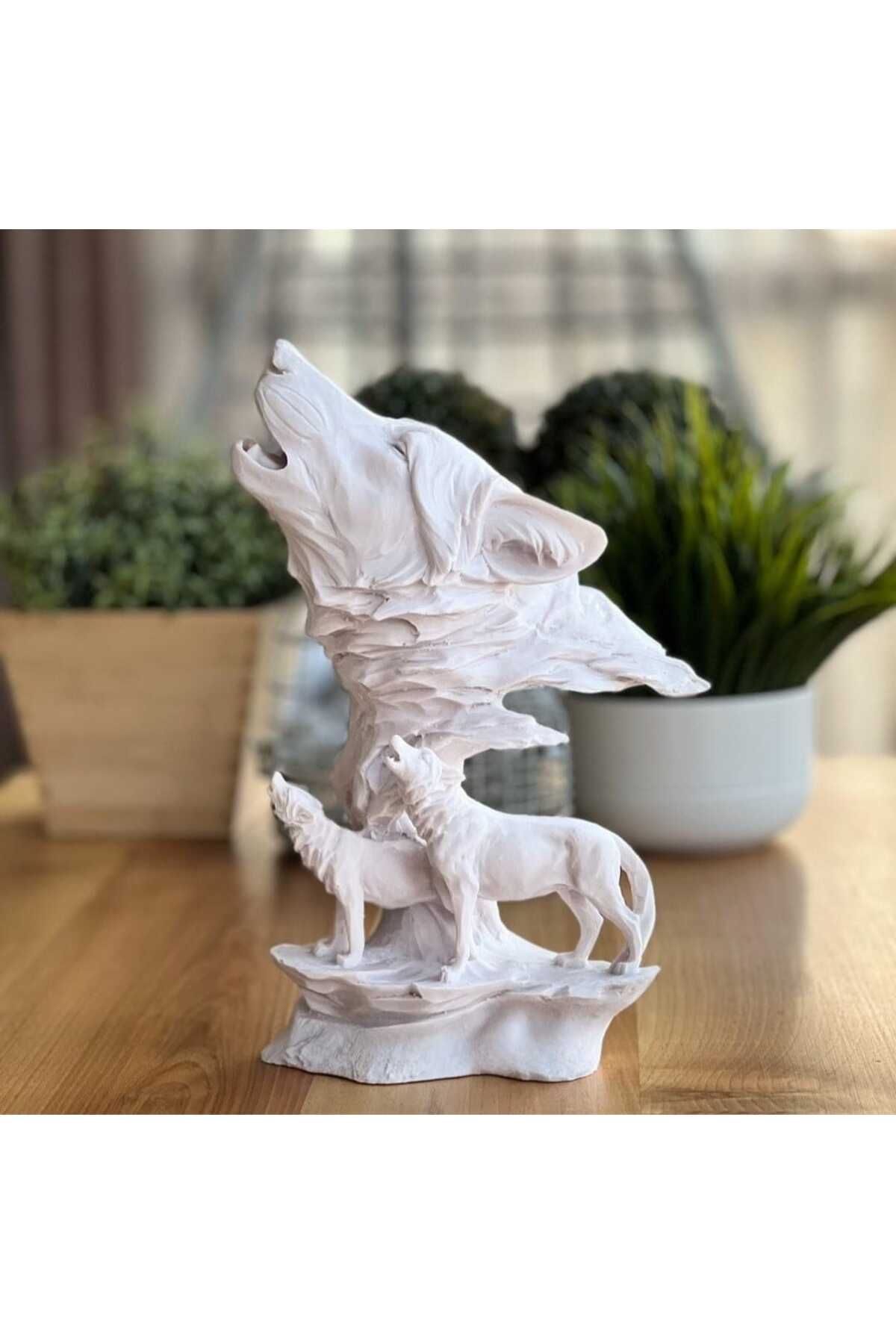 Yaratıcı sanatlar atölyesi 3'lü Uluyan Kurt Dekoratif Büyük Boy Biblo Heykel 30 Cm Kurt Biblosu