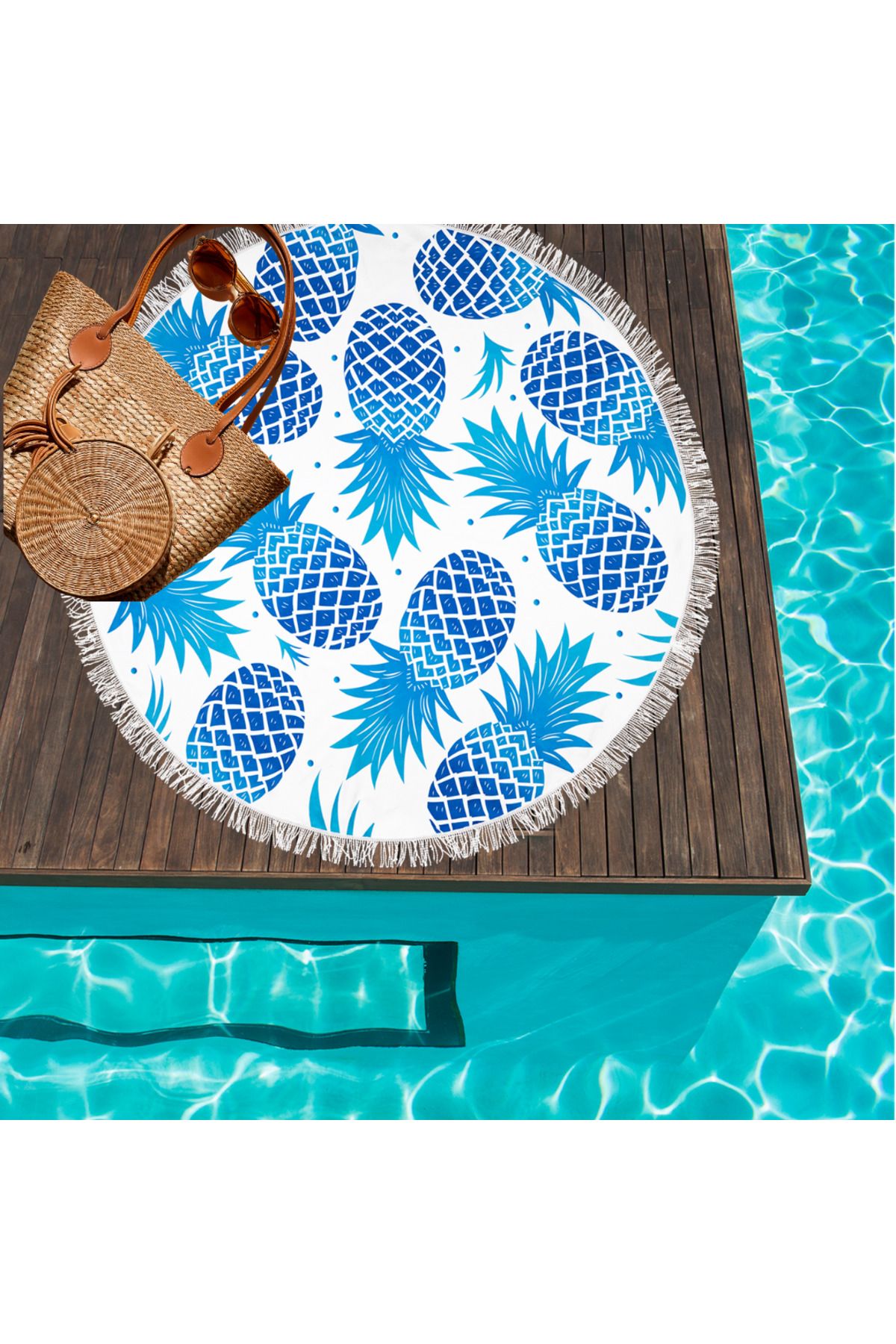 LADYHAND ANANAS BASKILI 150 CM ÇAPINDA YUVARLAK PLAJ HAVLUSU
