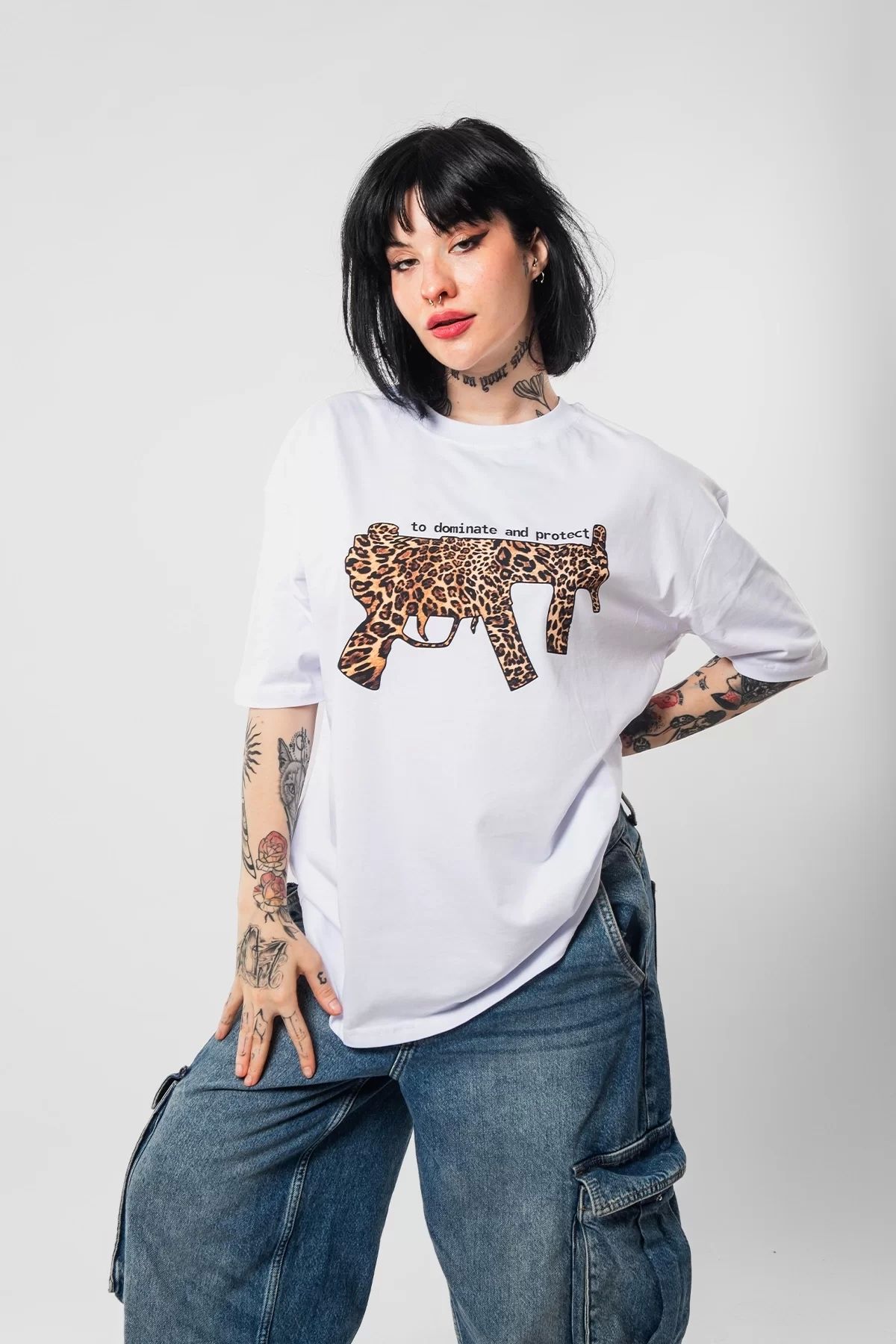 Bak Moda Dominate Baskılı Oversize Unisex Beyaz Tshirt