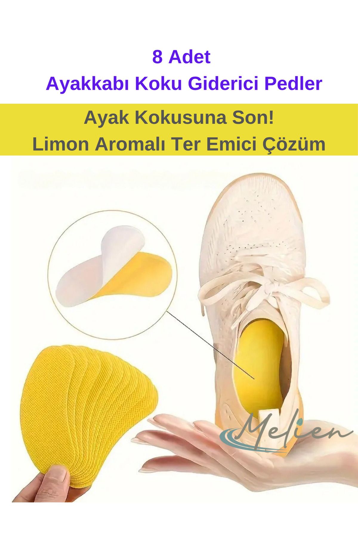 Melien 8'li Ayakkabı Ayak Koku Giderici Ped Ter Emici Sürekli Limon Aromalı Ayakkabı Bakımı Bez Pedi Kese