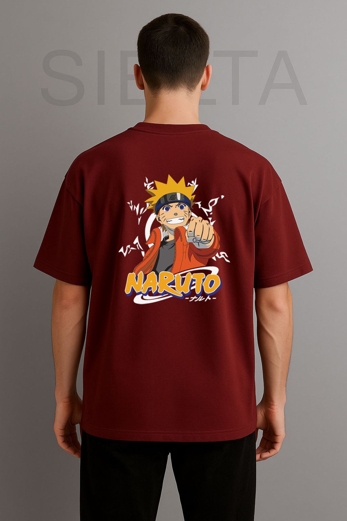 sielta Anime Naruto Uzumaki Baskılı Bisiklet Yaka Oversize Bordo Tişört T-shirt