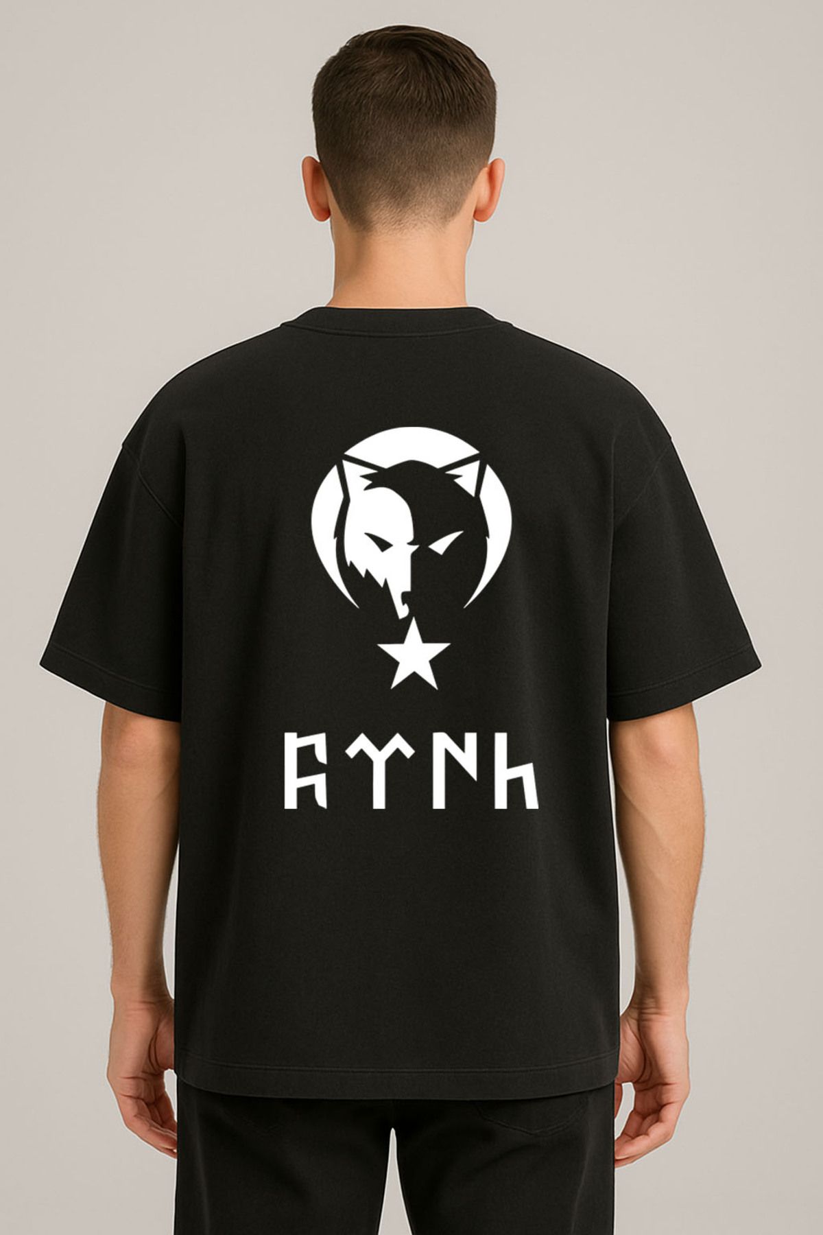 sielta Türk Bozkurt Kurt Baskılı Bisiklet Yaka Oversize Siyah Tişört T-shirt