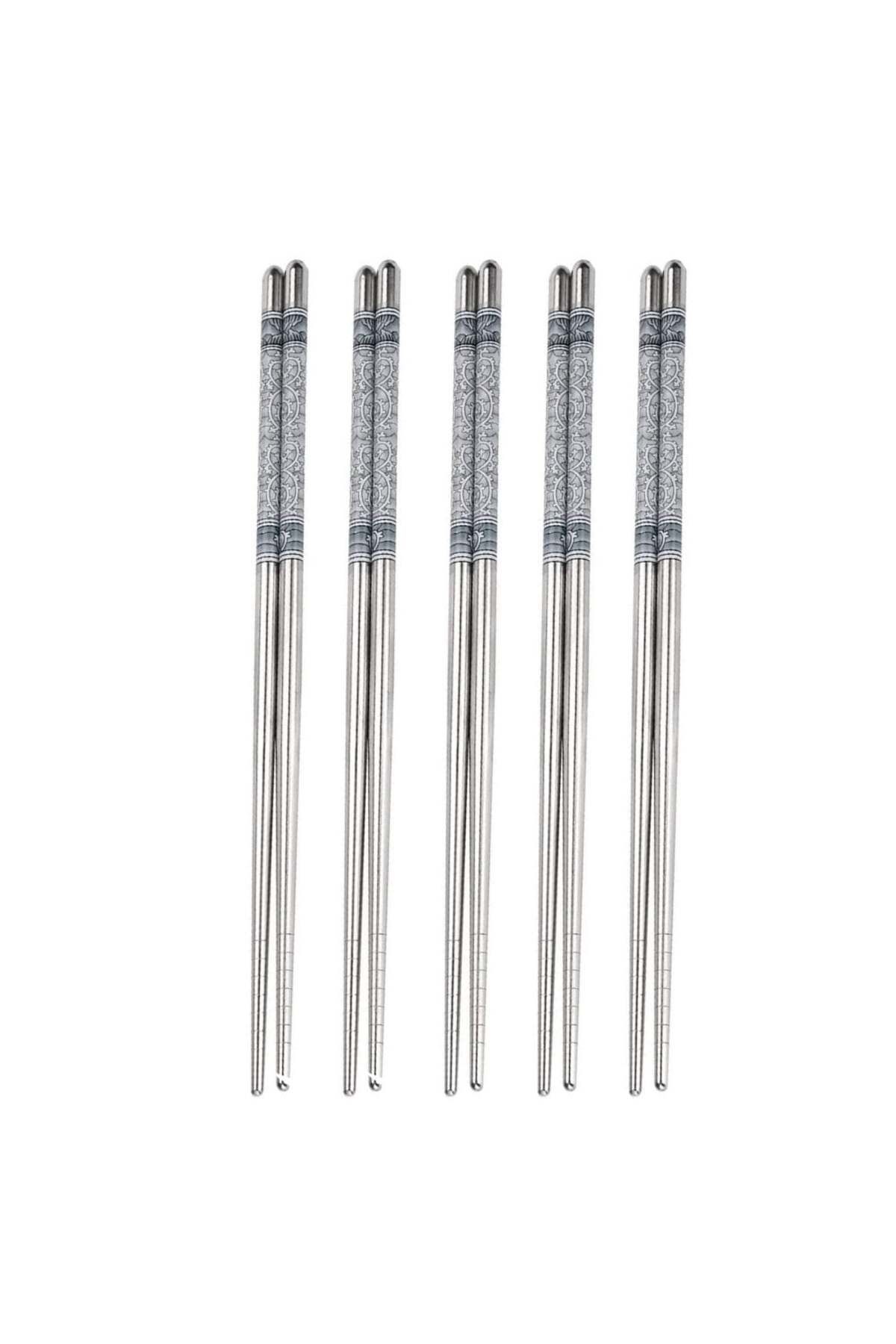 PUFO Set De 5 Perechi De Bețișoare De Sushi Din Oțel Premium, 22 Cm, Argintii - One Size