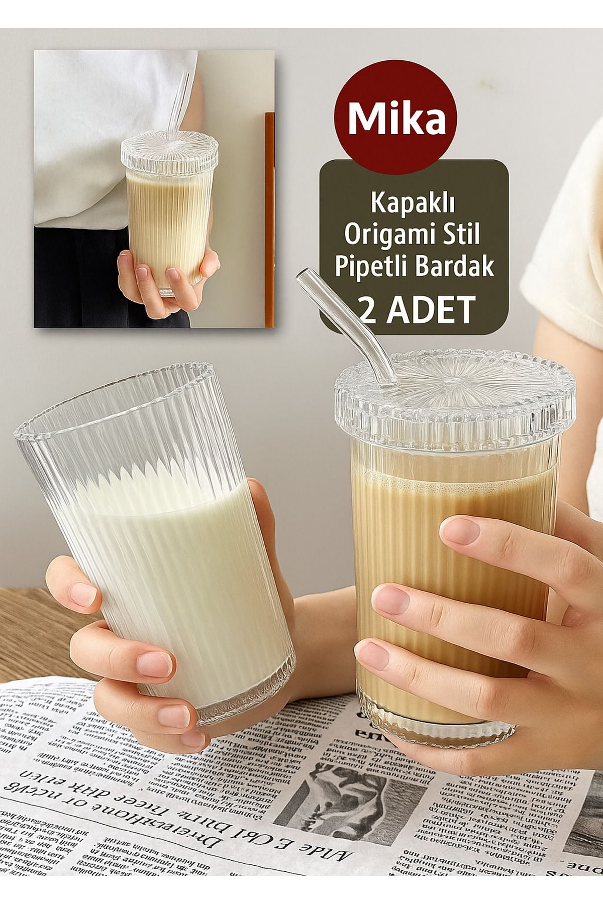DİVAYS 2 Adet Mika (Cam Değildir) Kapaklı Pipetli Origami Stil Bardak Soğuk Kahve Meşrubat Bardağı