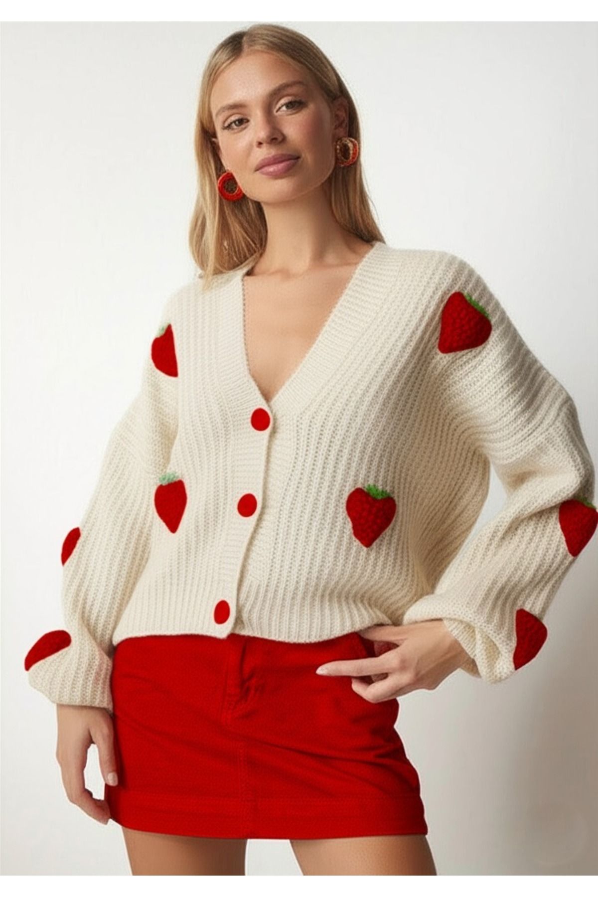 FLEX FASHION Çilek detaylı Oversize Triko Hırka bej kırmızı