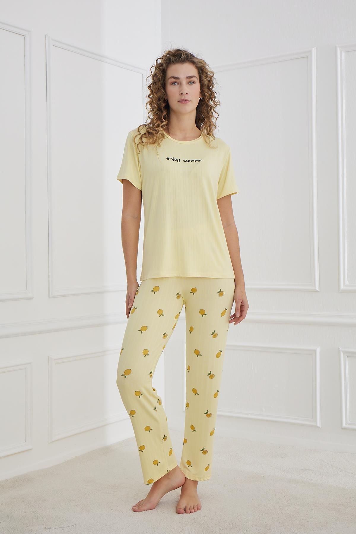 Kompedan Kadın Limon Desenli Bisiklet Yaka Pijama Takım | Sarı 80601-1238