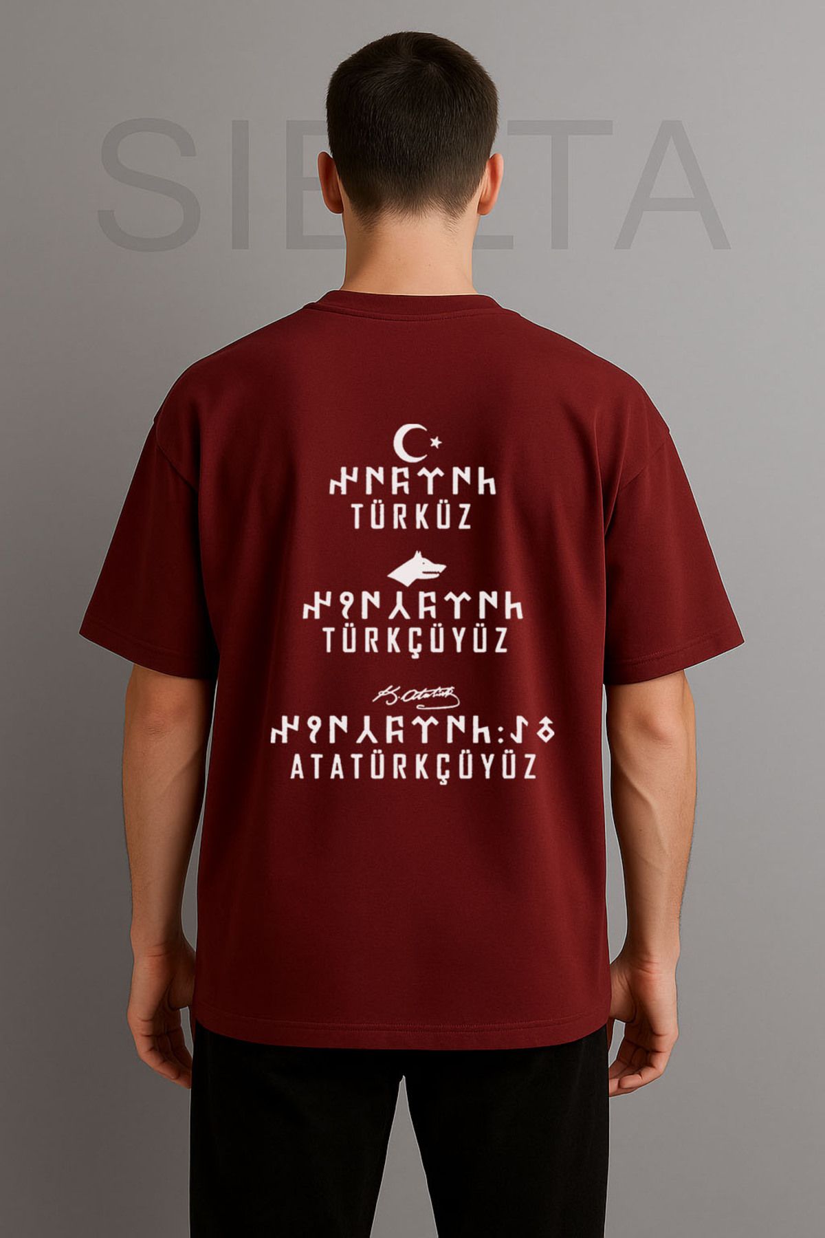 Darkia Türküz Türkçüyüz Atatürkçüyüz Baskılı Bisiklet Yaka Oversize Bordo Tişört T-shirt