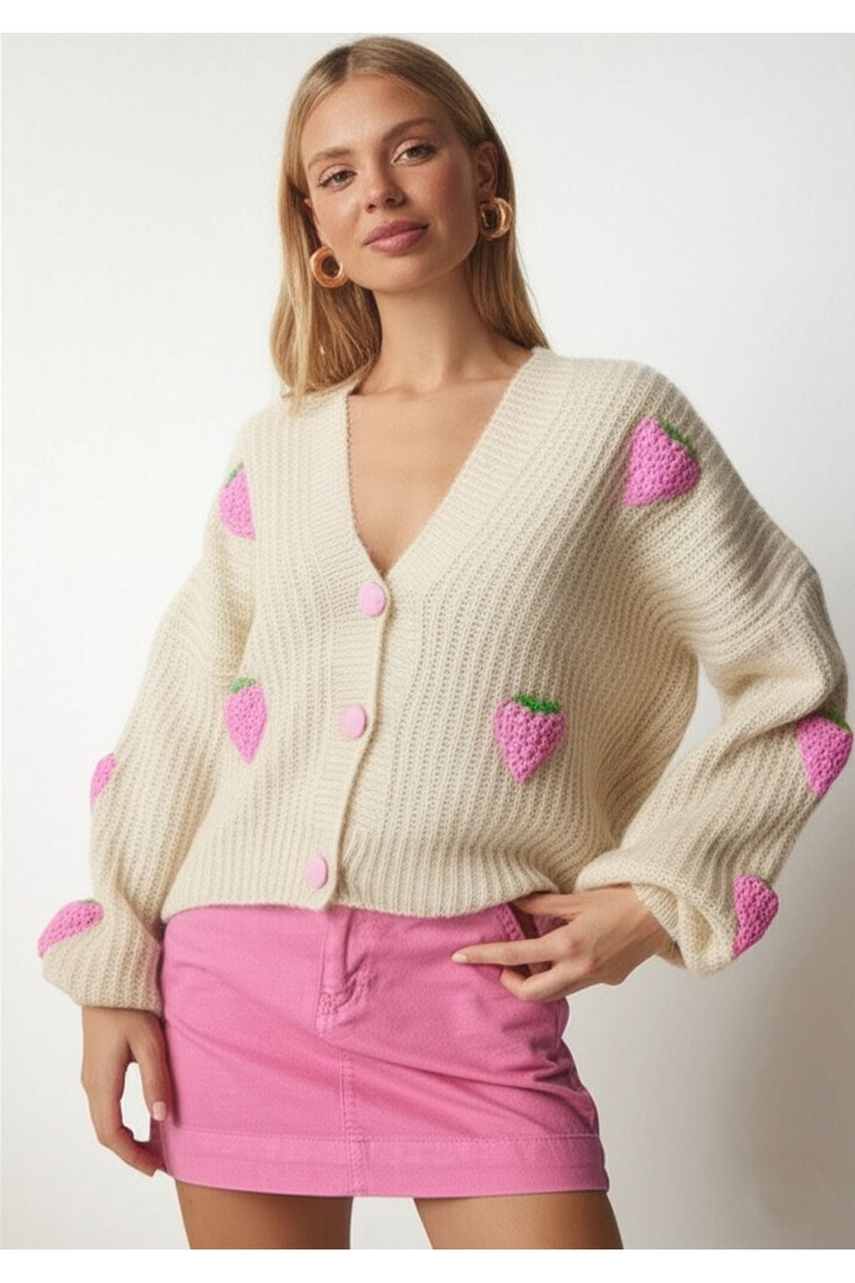 FLEX FASHION Çilek detaylı Oversize Triko Hırka bej pembe