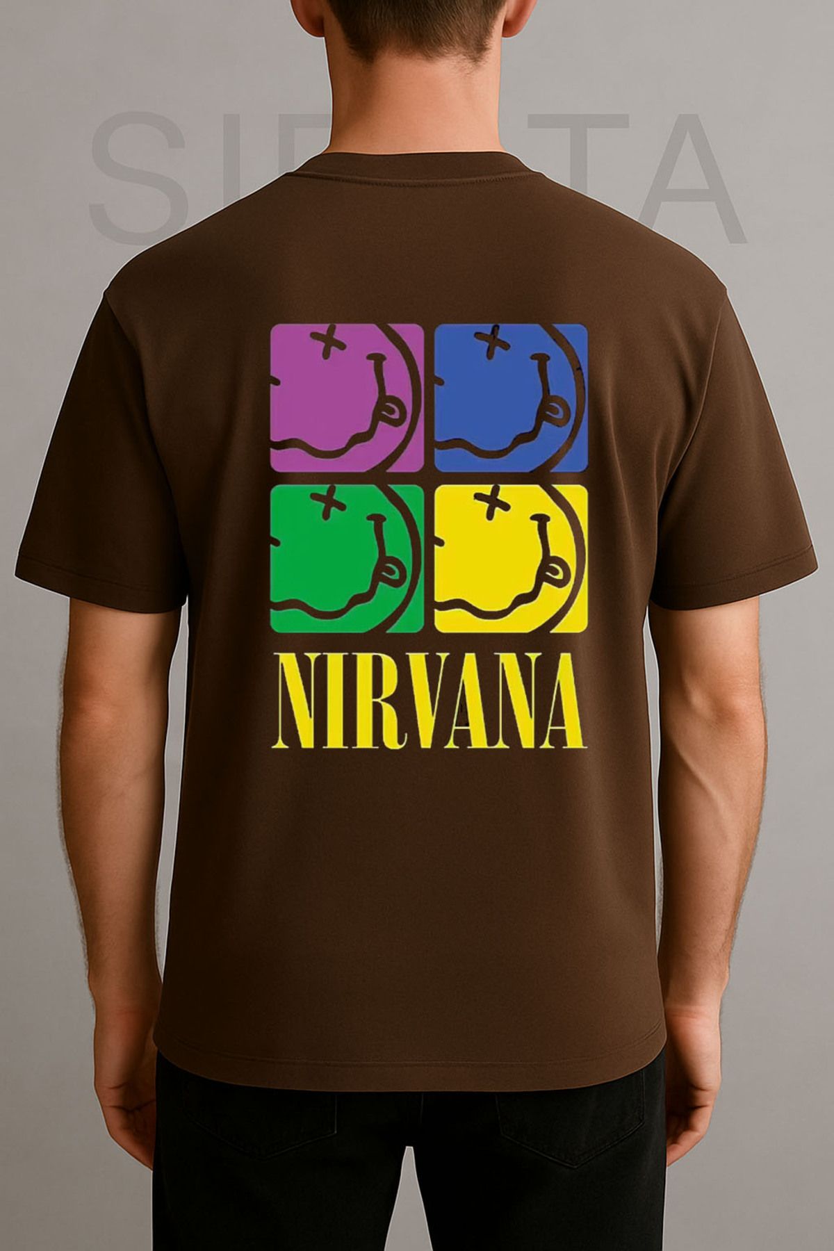 sielta Nirvana Müzik Grubu Baskılı Bisiklet Yaka Oversize Kahverengi Tişört T-shirt