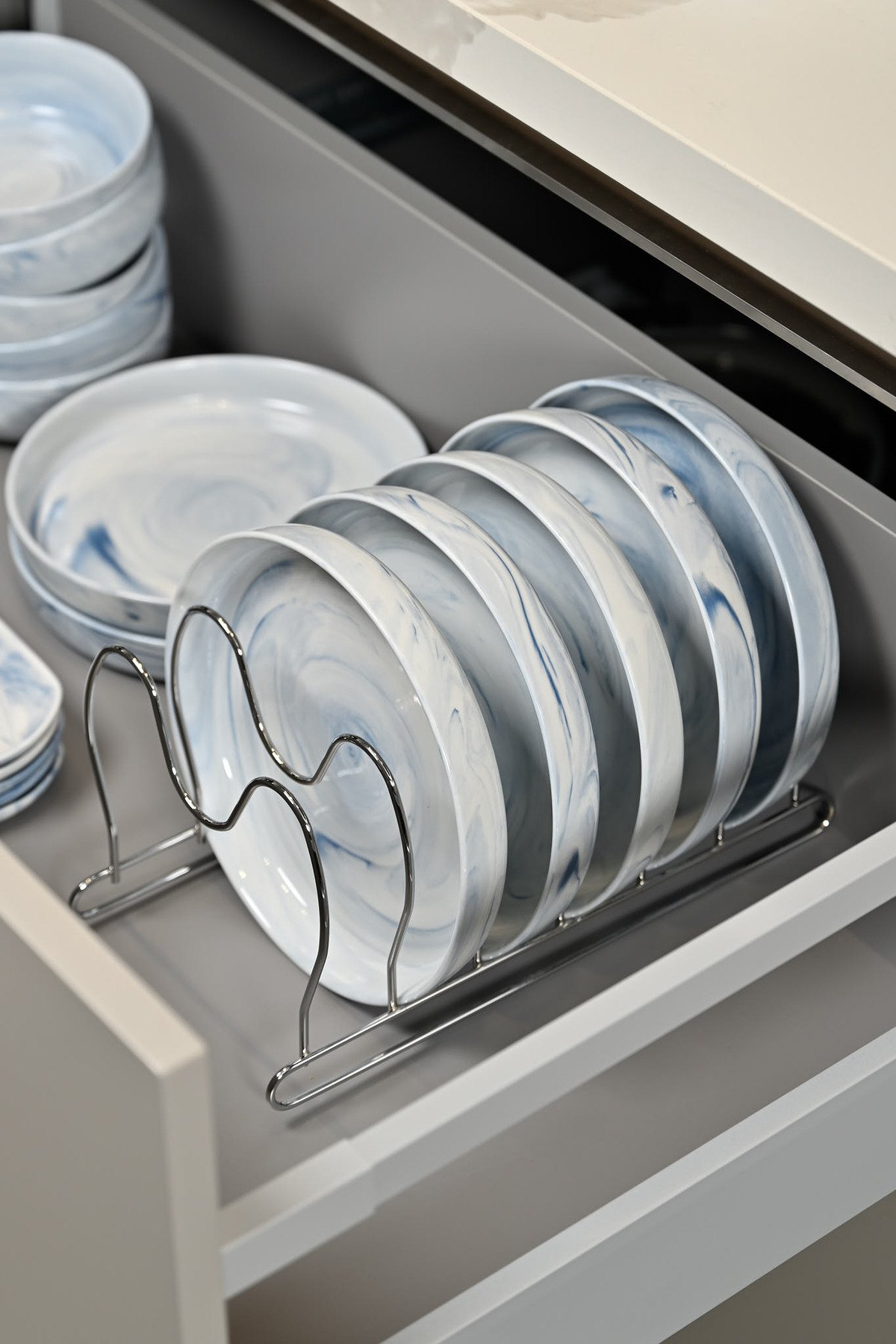Parlak Silver 6 Bölmeli Tava Tencere Kapak Düzenleyici Çekmece İçi Organizer Paslanmaz Metal