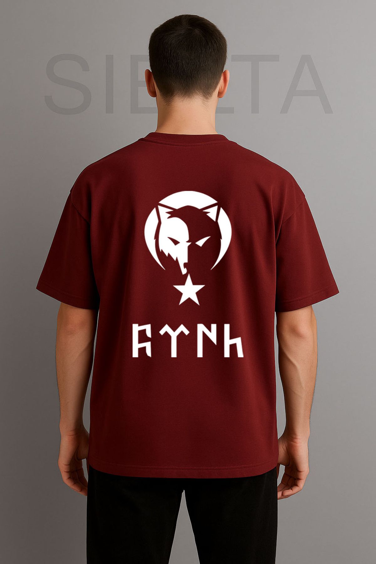 Darkia Türk Bozkurt Kurt Baskılı Bisiklet Yaka Oversize Bordo Tişört T-shirt