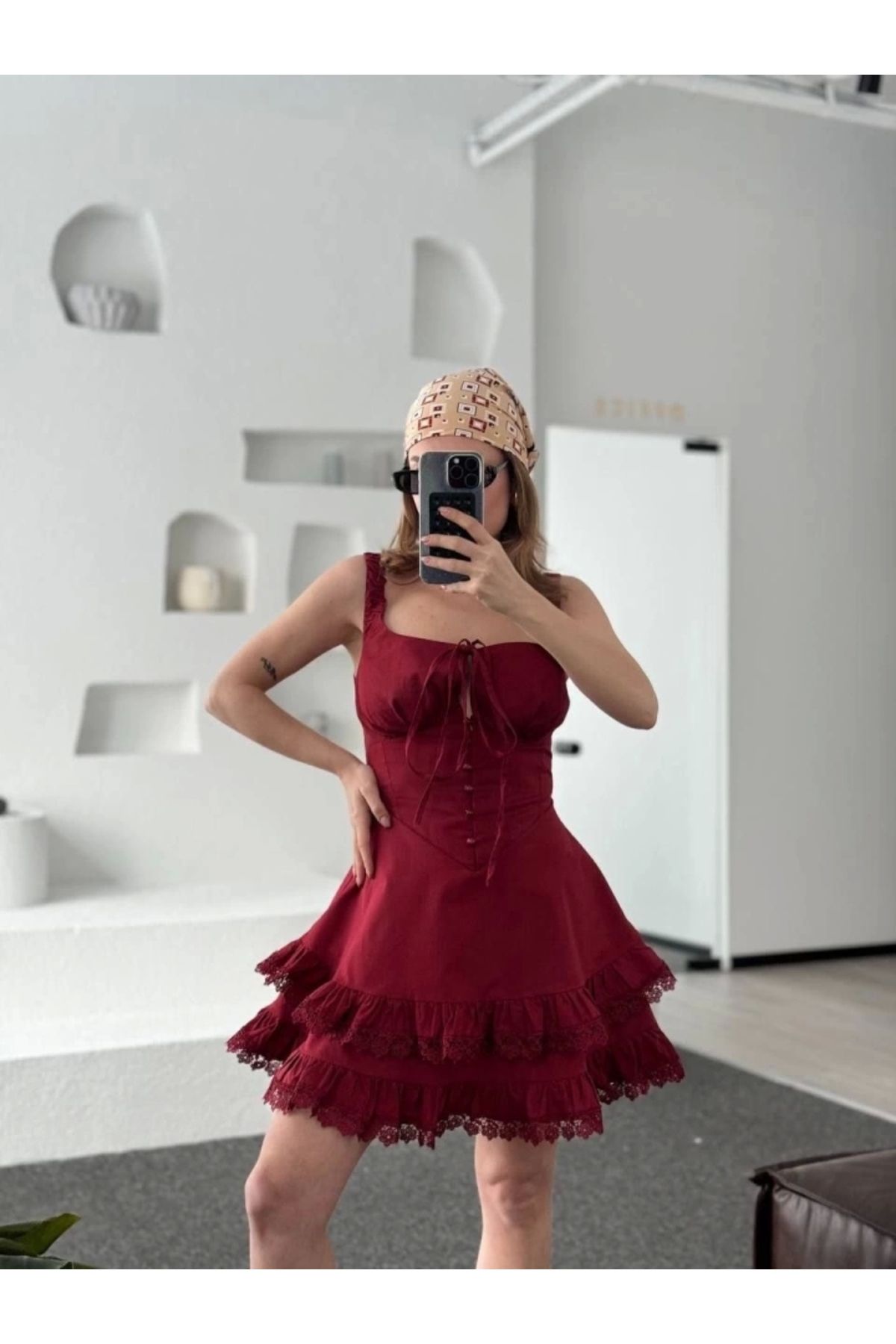 nedo7 Fırfırlı Askılı Mini Elbise - Bordo