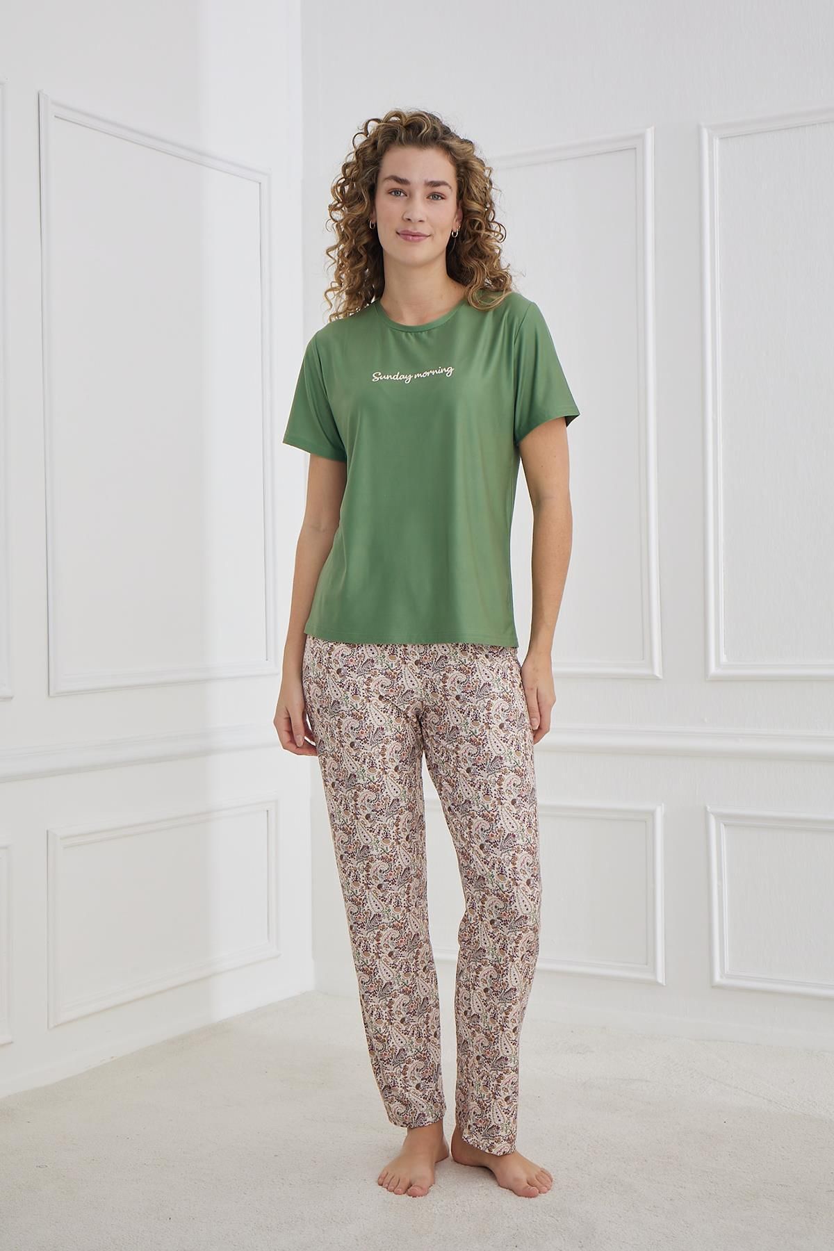 Kompedan Kadın Şal Desenli Bisiklet Yaka Pijama Takım | Yeşil 30102-1172