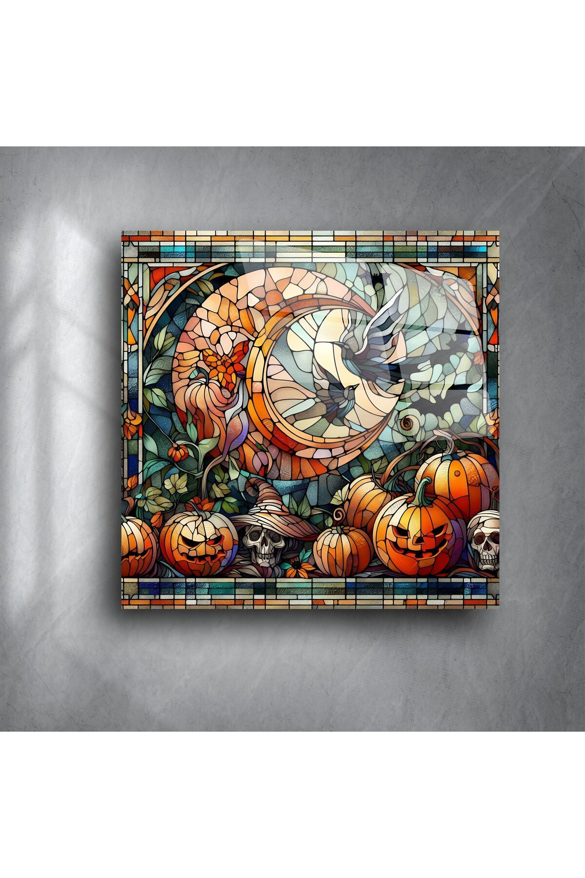 LEYLASER Balkabağı ve Hilal Ay Temalı Halloween Vitray Duvar Paneli