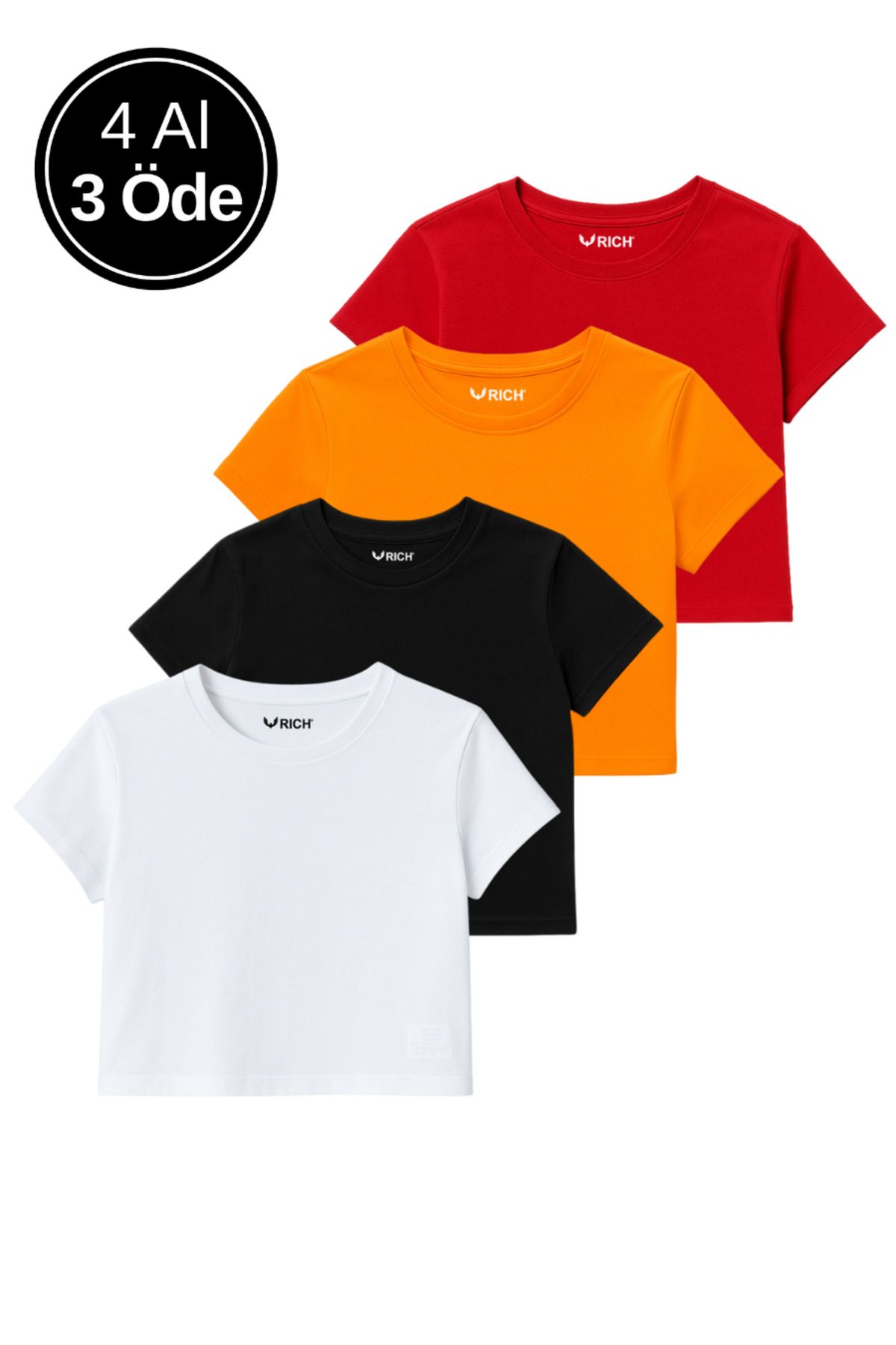 Rich Kadın 4'lü Paket Oversize Crop Tişört %100 Pamuk Bisiklet Yaka T-Shirt
