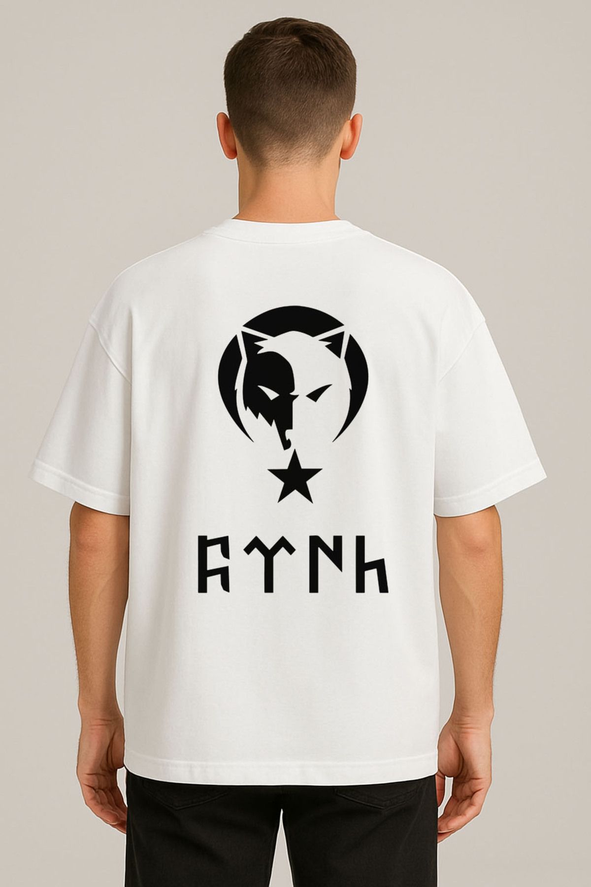 Darkia Türk Bozkurt Kurt Baskılı Bisiklet Yaka Oversize Beyaz Tişört T-shirt