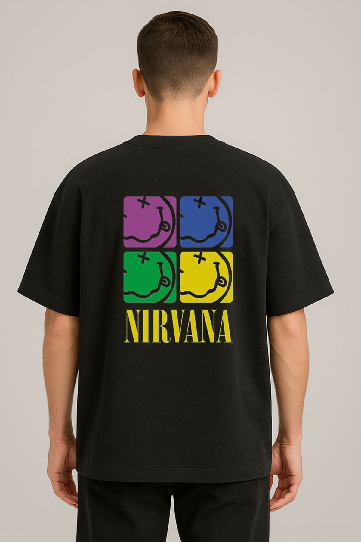 Darkia Nirvana Müzik Grubu Baskılı Bisiklet Yaka Oversize Siyah Tişört T-shirt