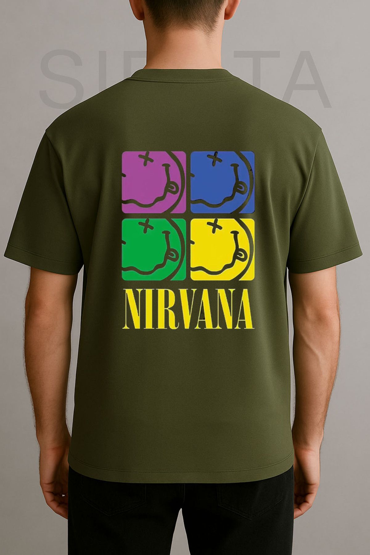 sielta Nirvana Müzik Grubu Baskılı Bisiklet Yaka Oversize Yeşil Tişört T-shirt