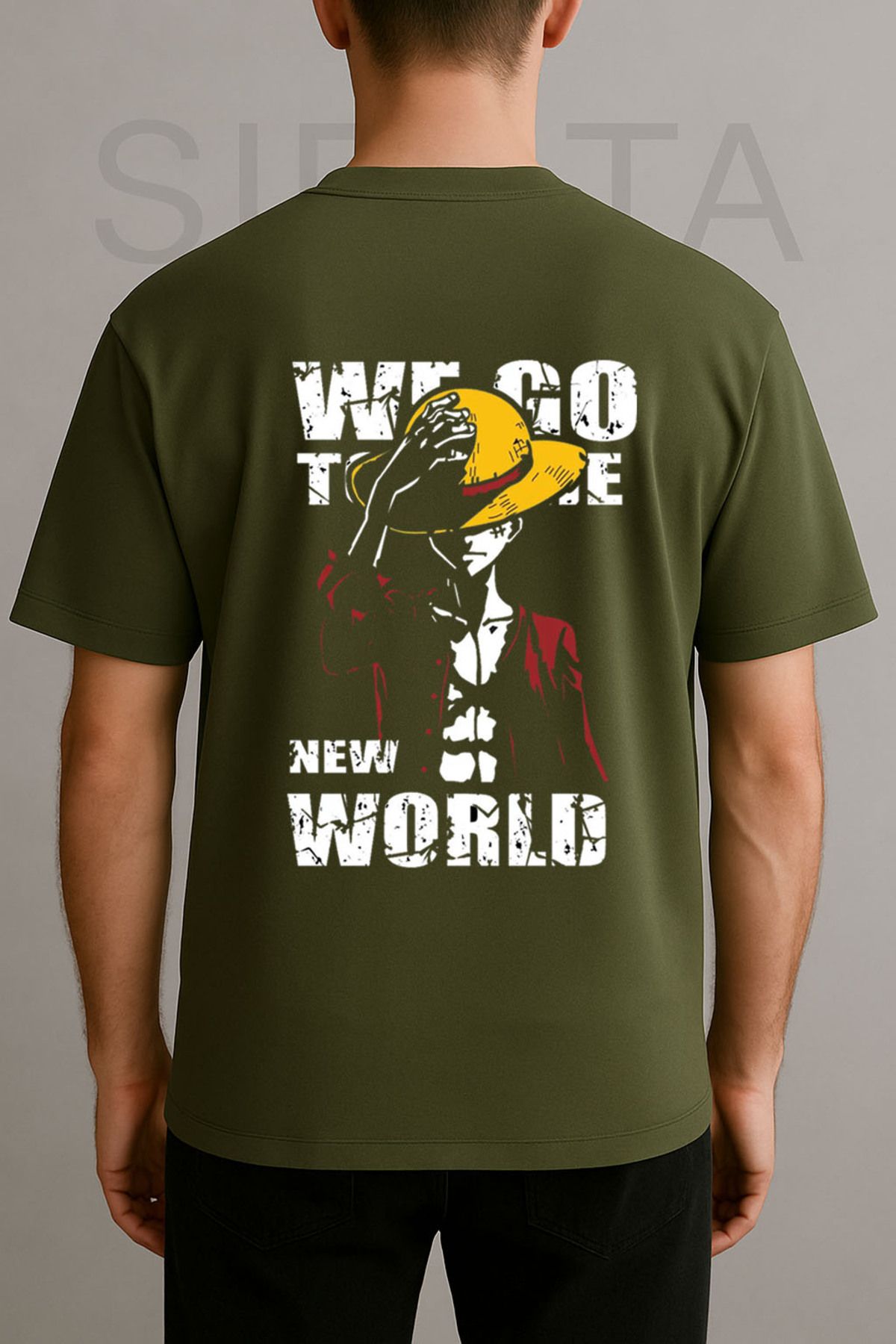 sielta One Piece Anime Baskılı Bisiklet Yaka Oversize Yeşil Tişört T-shirt