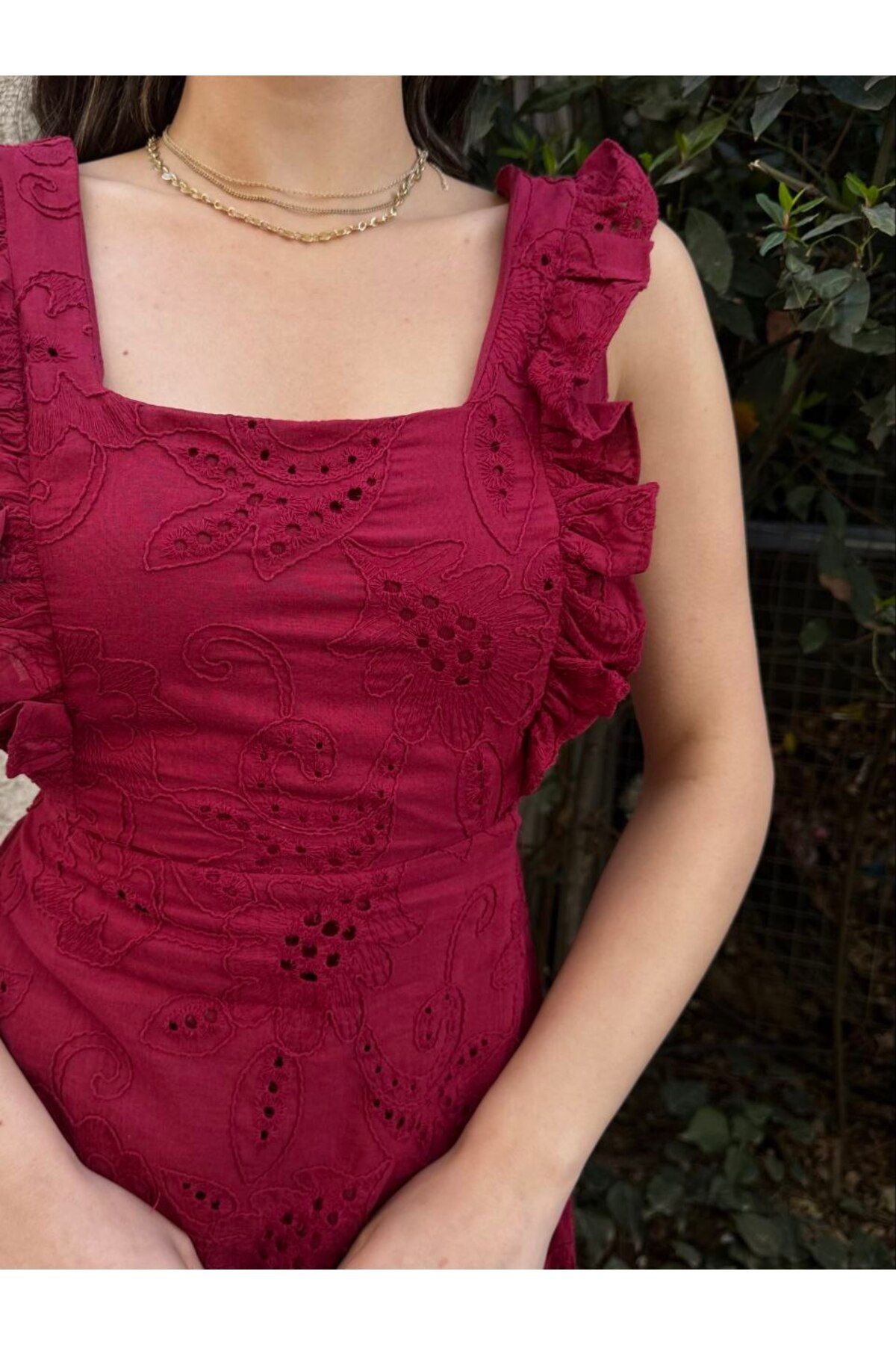 BRGCLOTHING Kadın İthal Fırfır Detay Astarlı Midi Elbise