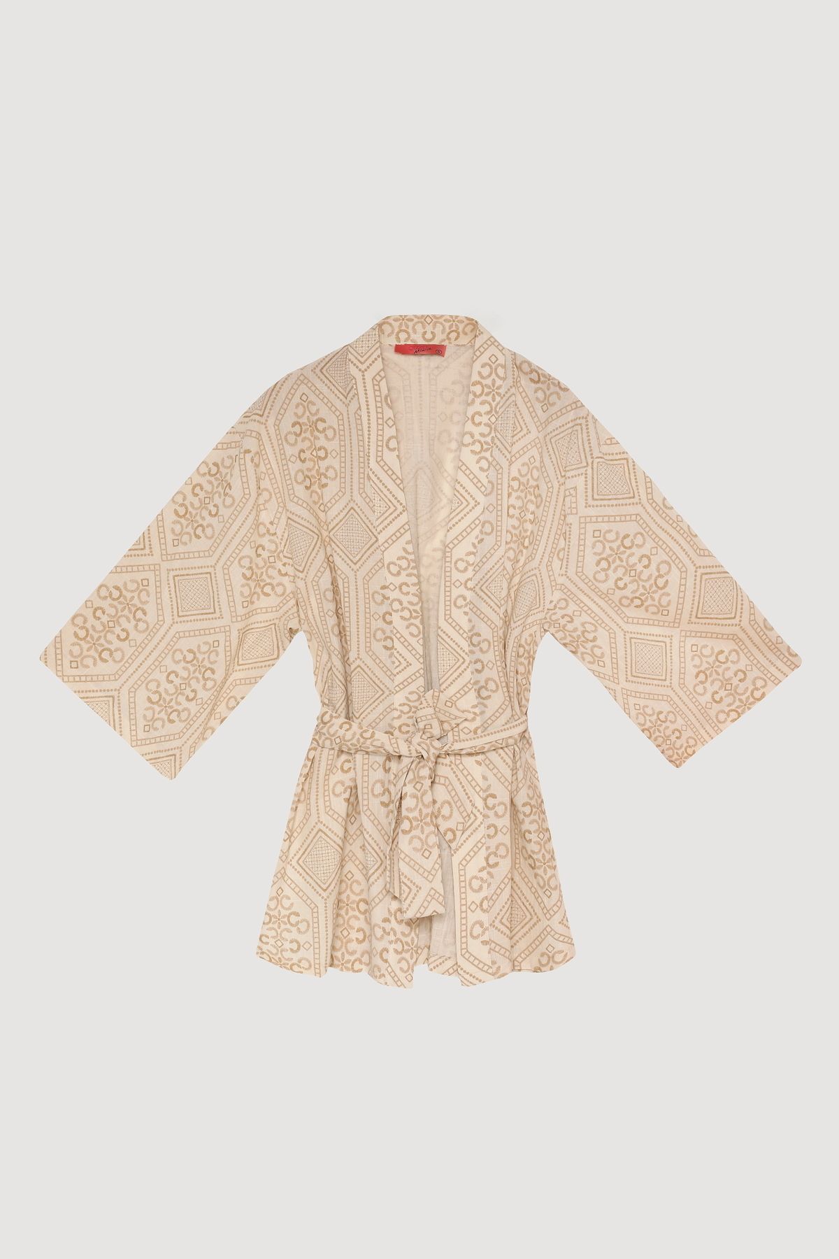 Quzu Etnik Desenli Bağlamalı Kısa Kimono Naturel