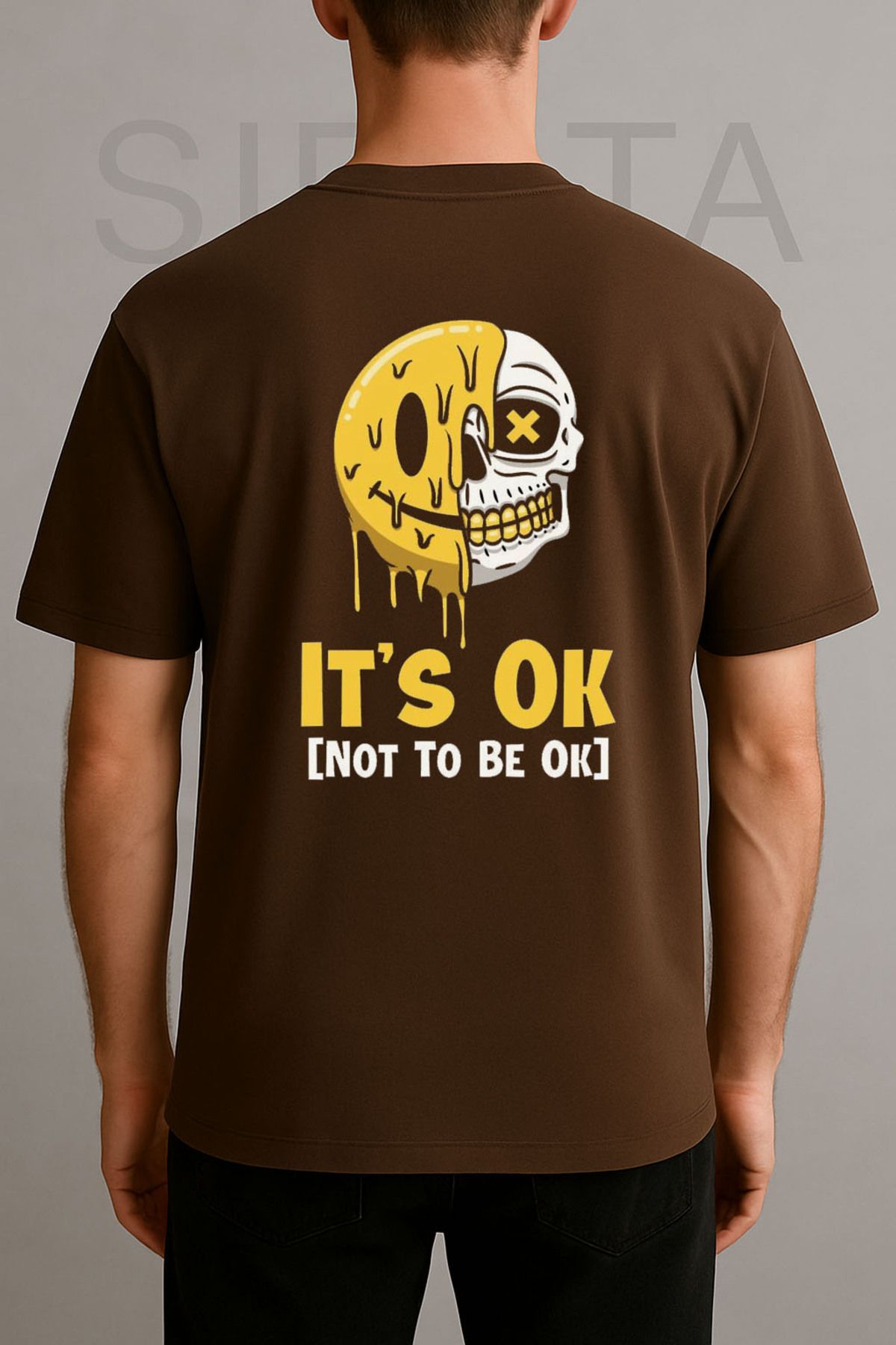 sielta Gülen Yüz Smile Kuru Kafa Baskılı Bisiklet Yaka Oversize Kahverengi Tişört T-shirt