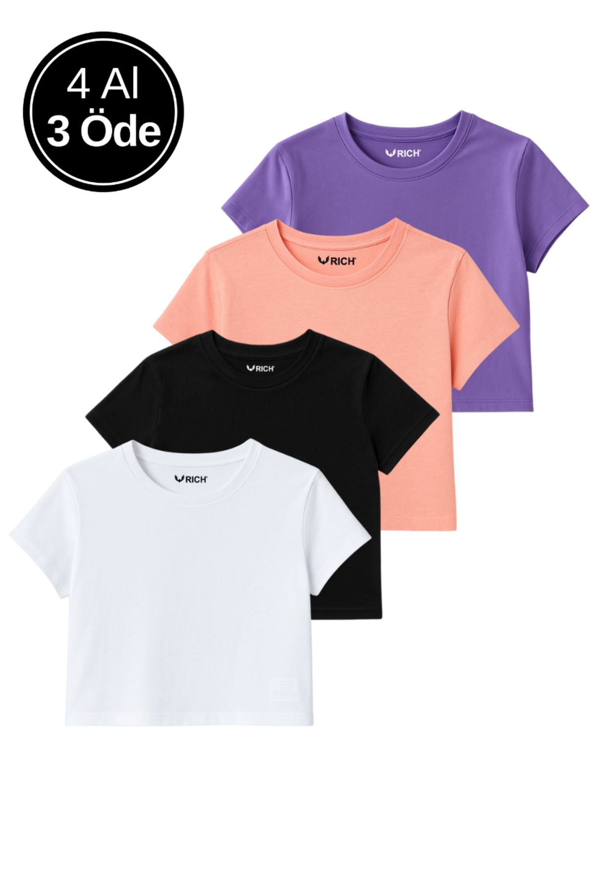 Rich Kadın 4'lü Paket Oversize Crop Tişört %100 Pamuk Bisiklet Yaka T-Shirt