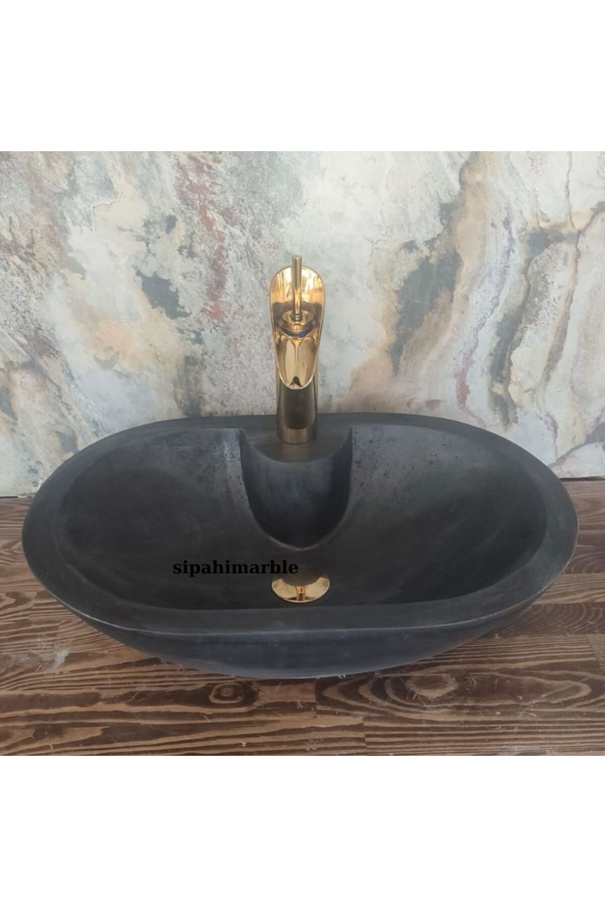 SİPAHİMARBLE Bazalt Siyah Batarya Çıkışlı Oval Lavabo