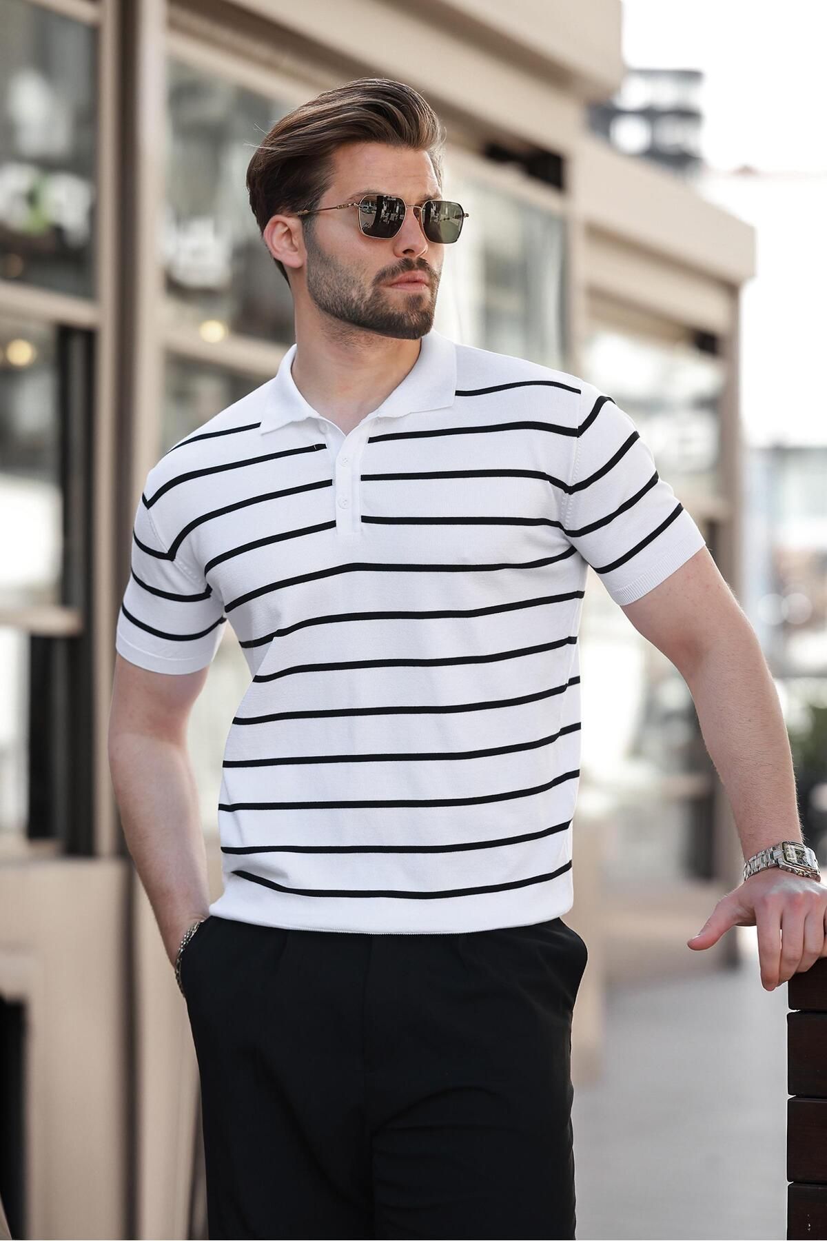 Madmext Beyaz Çizgili Polo Yaka Erkek T-shirt E7405