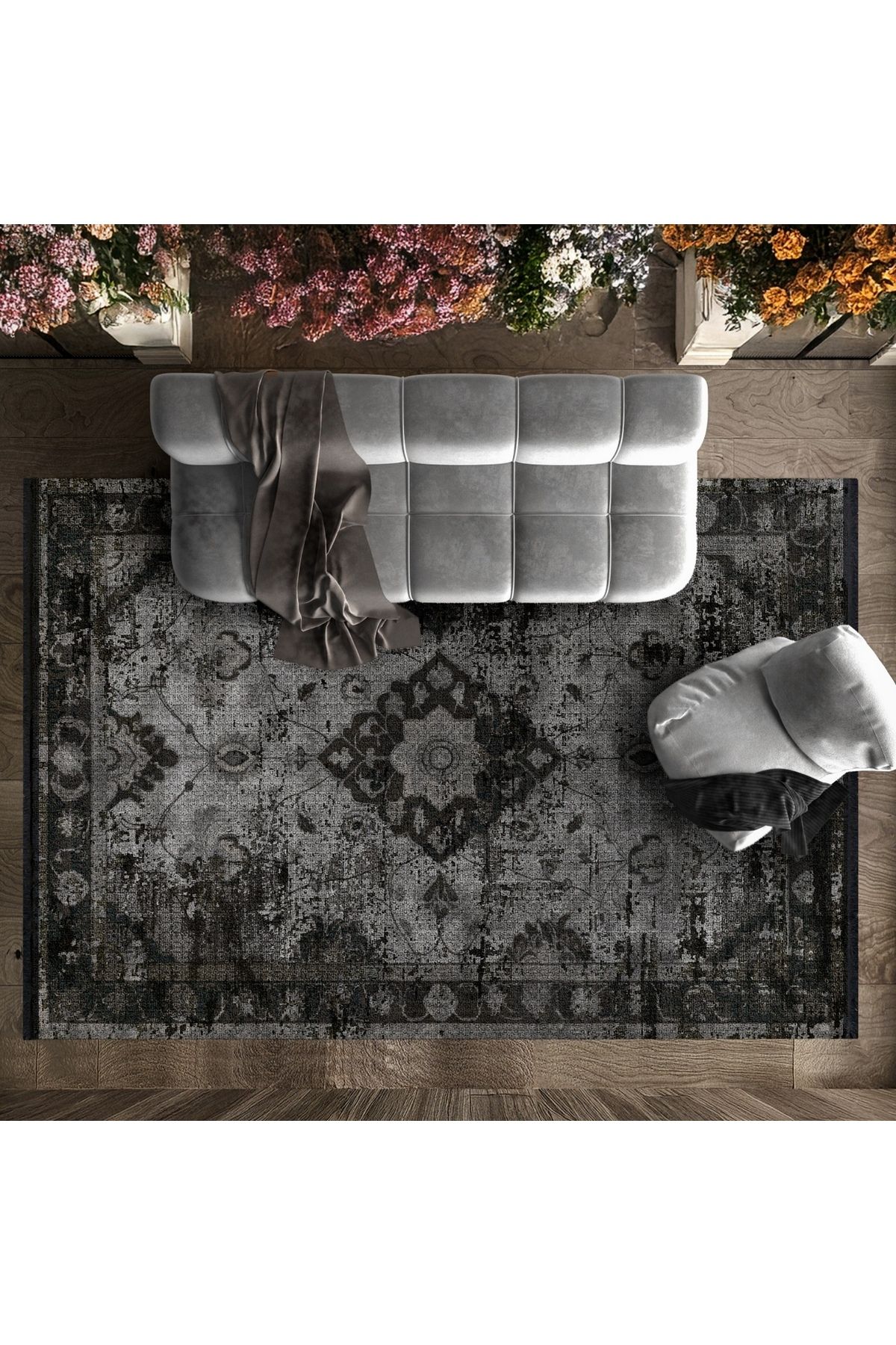 HALIZZON Antrasit Eskitme Medallion Halı Modern ve Koyu Tonlu Dijital Halı