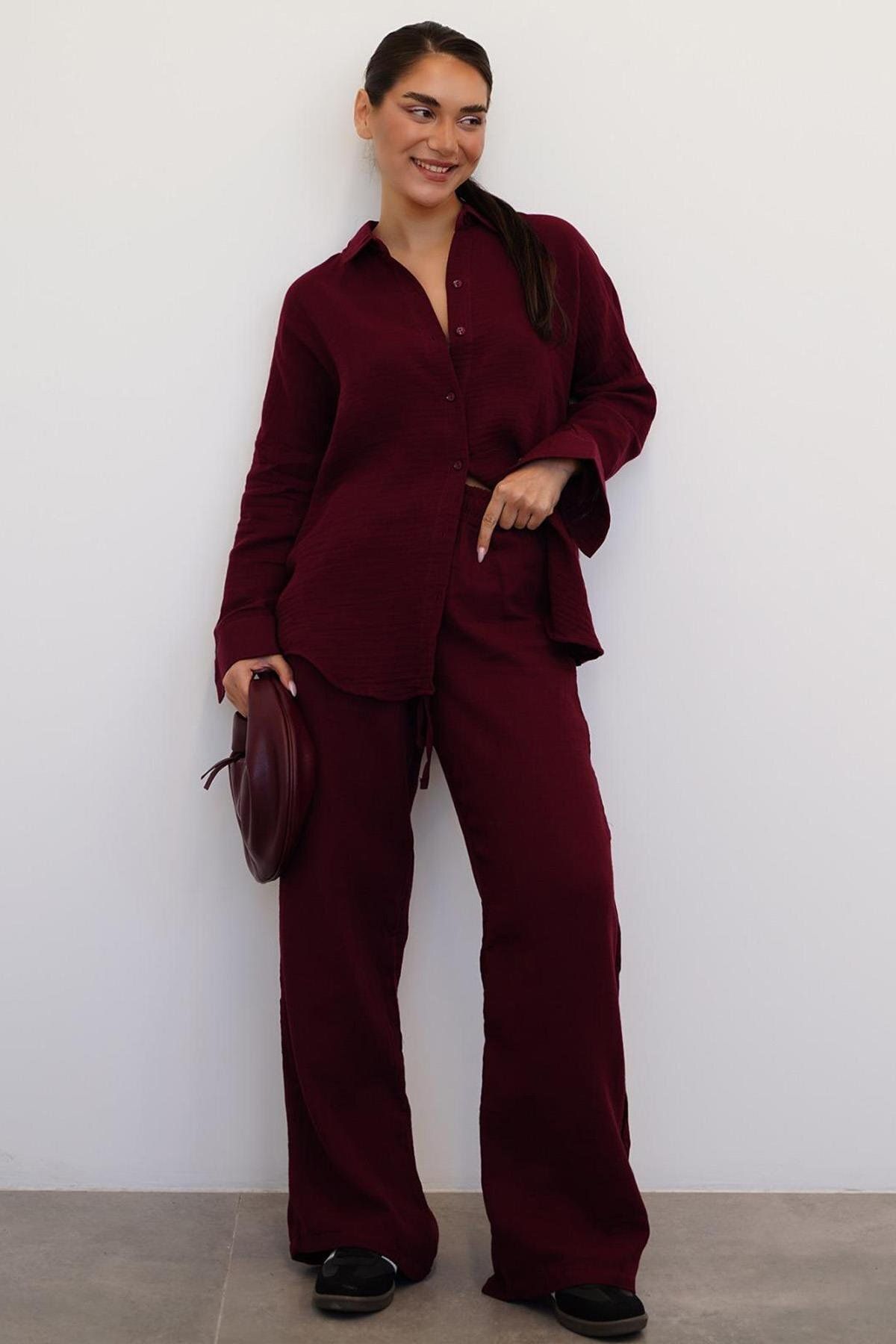Madmext Bordo Basic Kadın Gömlek Pantolon Takım Mg2461