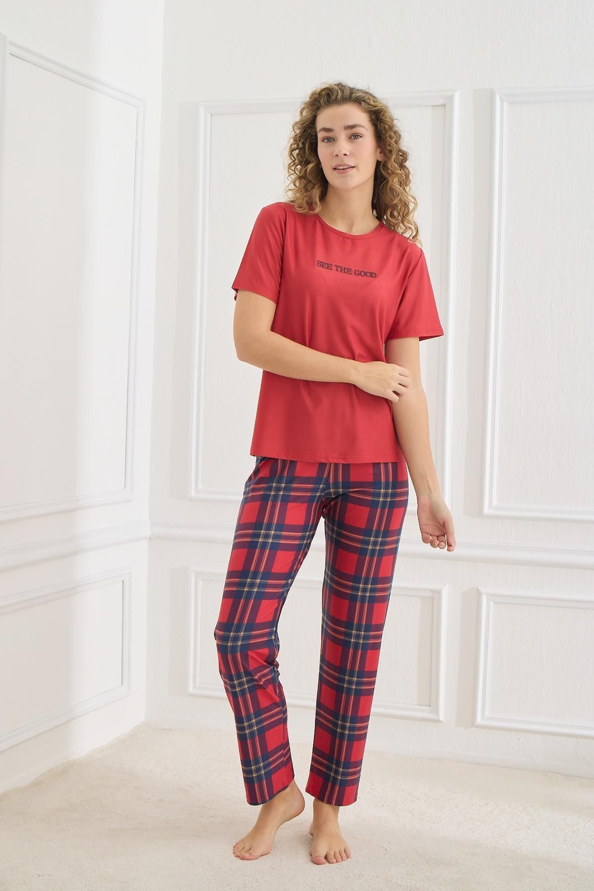 Kompedan Kadın Ekose Desenli Bisiklet Yaka Pijama Takım | Kırmızı 30102-598