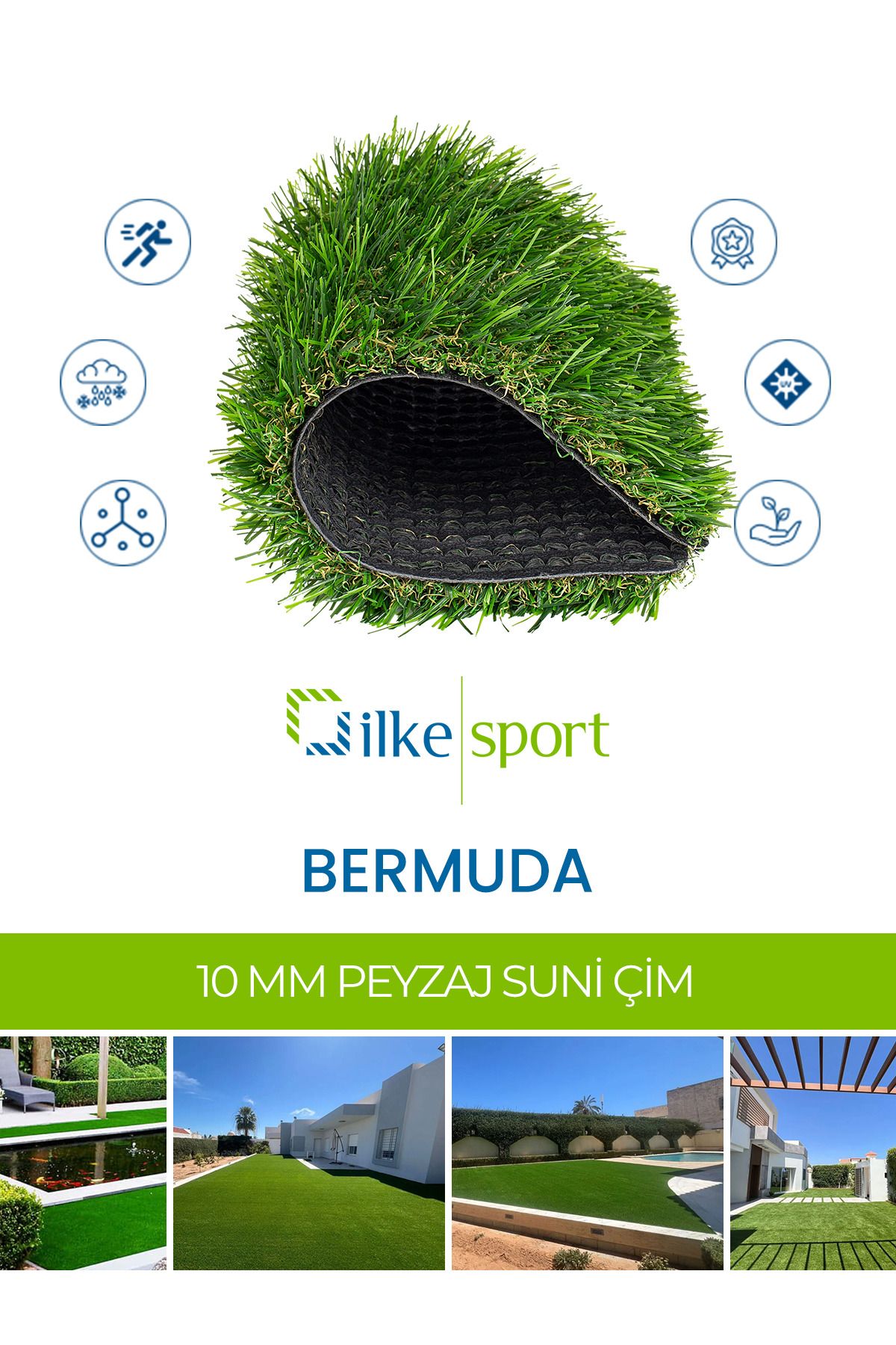 ilkesport Suni Çim, Sentetik Çim, Yapay Çim Halı, Bermuda, 10mm Peyzaj, Bahçe, Balkon, Salon, Teras, Dekoratif