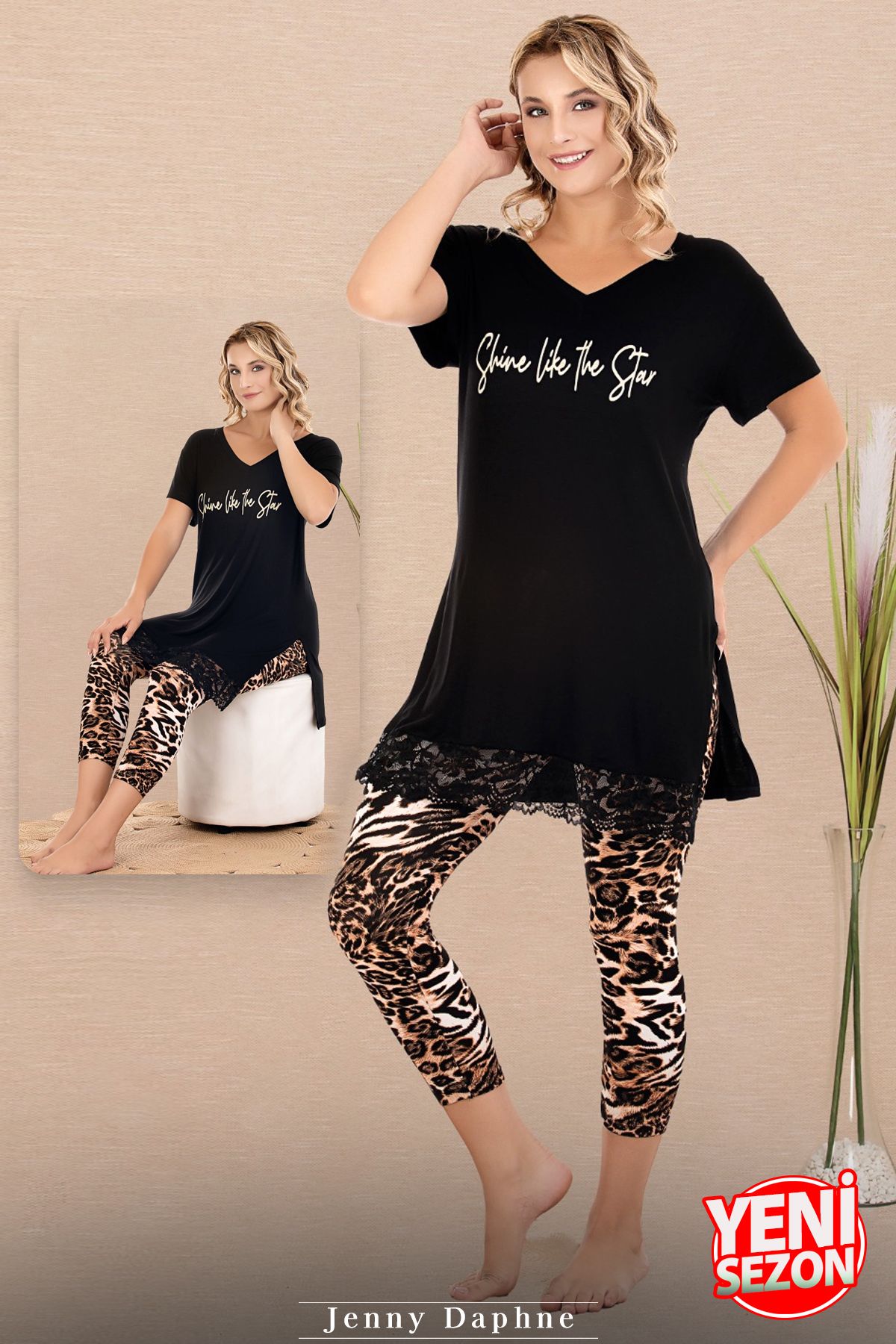 Jenny Daphne Viskon kumaş leopar desenli kapri V Yakalı kısa kollu dantelli rahat kesim kapri pijama takımı 12079