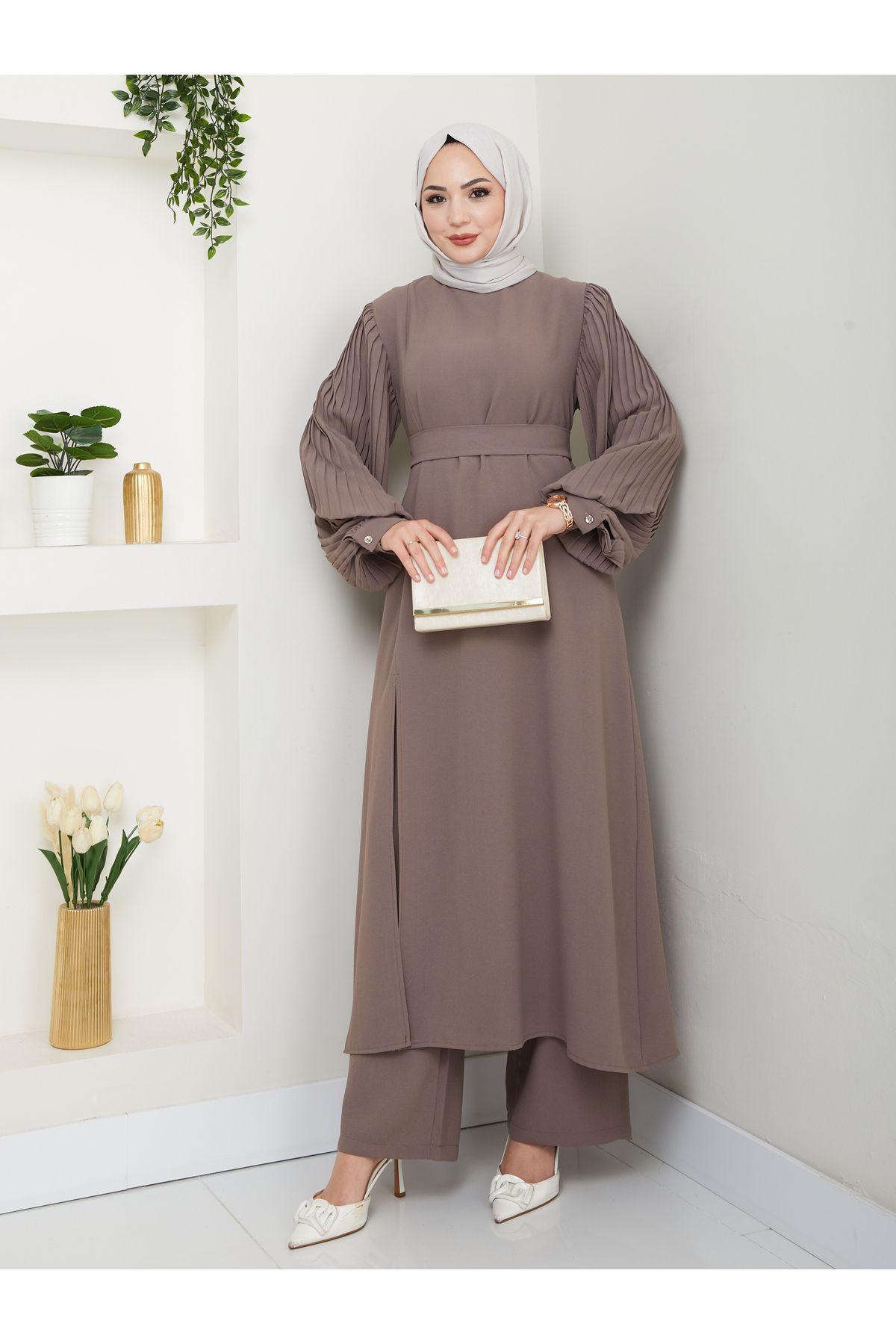 EFSUN MODA UZUN TAKIM 120CM BOY ÖNDEN YIRTMAÇLI KOLU PİLİSELİ PANTOLON TAKIM 840