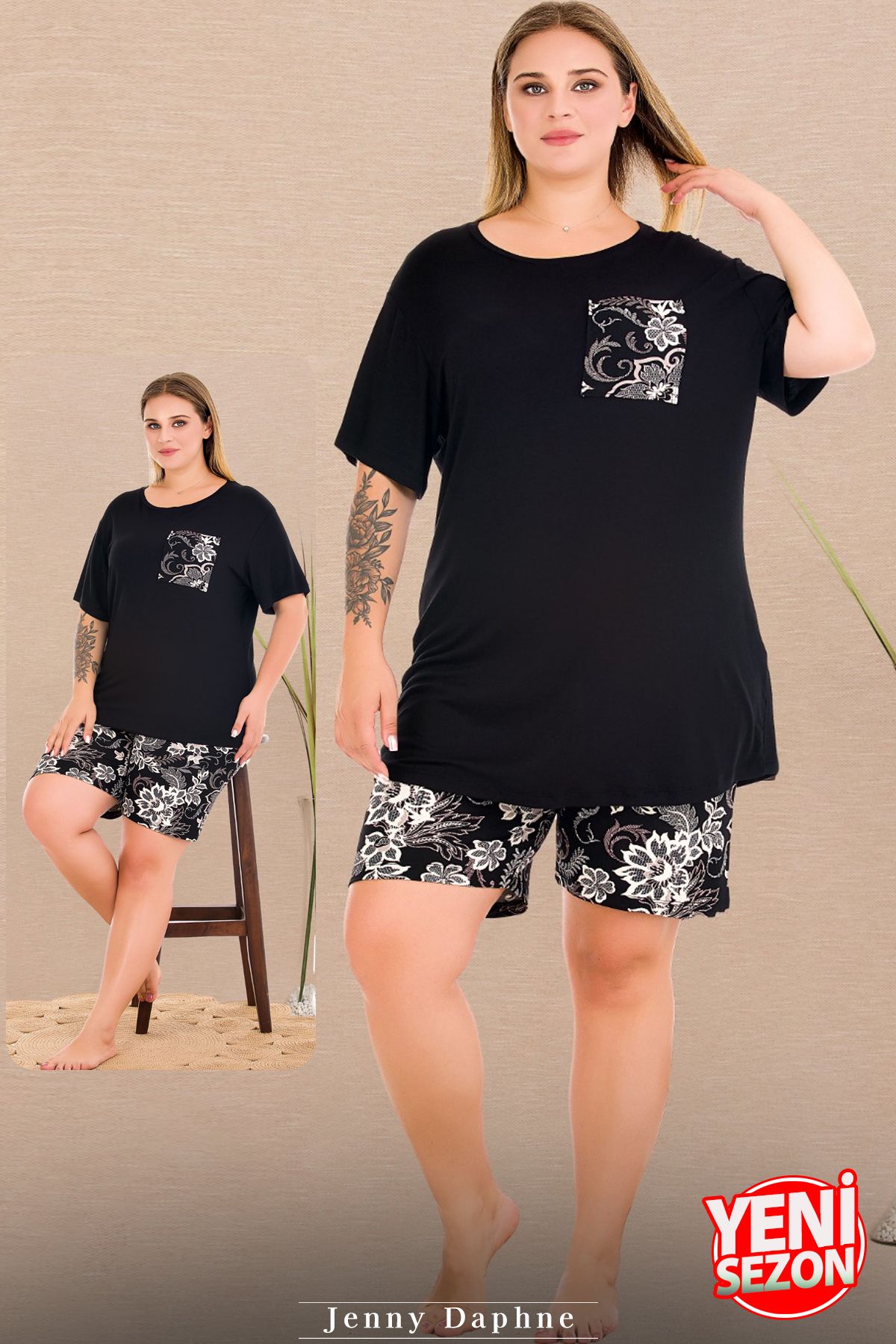 Jenny Daphne Lady büyük beden Çiçek Desenli Şort Bisiklet Yaka Kısa Kol şortlu pijama takımı 10437