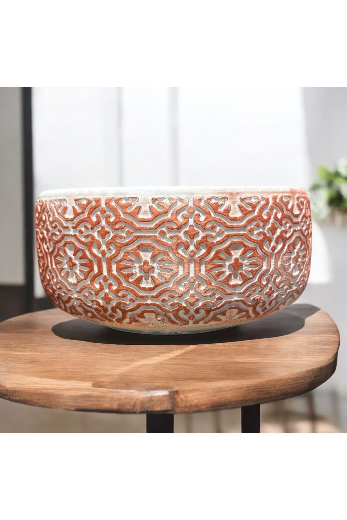 Yades Bakır Eskitme Dantel Dizayn Taş Saksı Hediye Çiçek 20 cm çap 10 cm yükseklik