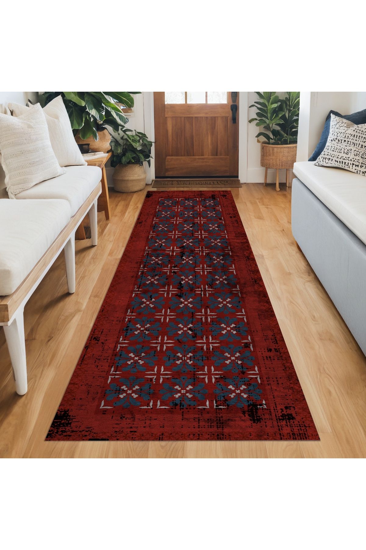 HALIZZON Lacivert Kırmızı Geometrik Çini Halı Seramik Desenli Dijital Baskı Halı