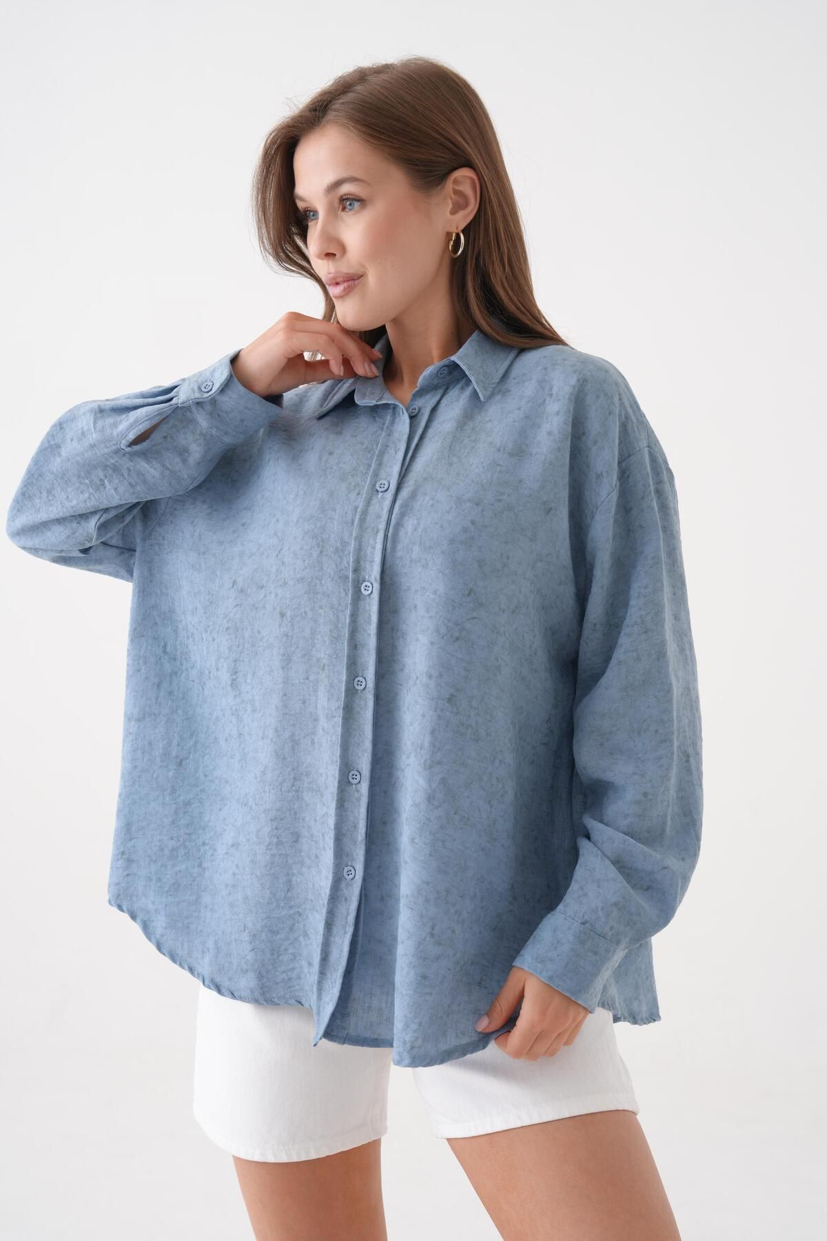minaaise Kadın İndigo Batik Desenli Tunik Oversize Gömlek 29180