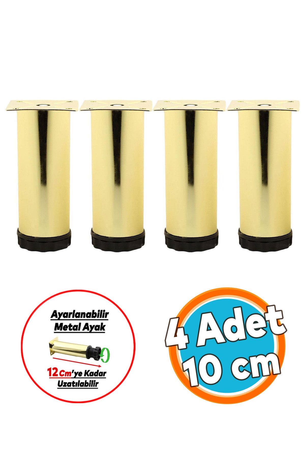 NZB Mobilya Kanepe Sehpa TV Ünitesi Koltuk Ayağı Ayarlanabilir 10 cm Gold Altın Metal Baza Ayak 4 Adet