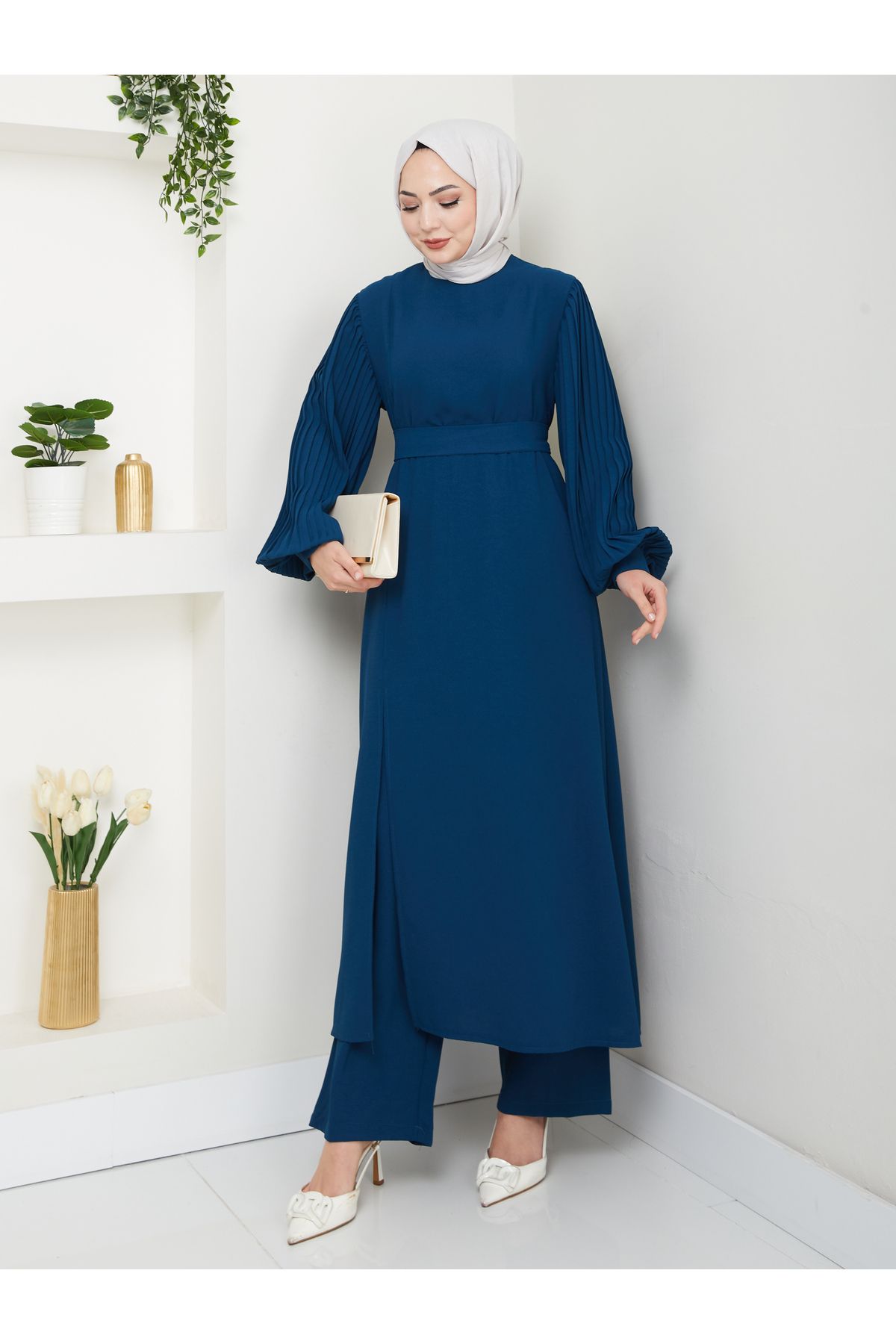 EFSUN MODA UZUN TAKIM 120CM BOY ÖNDEN YIRTMAÇLI KOLU PİLİSELİ PANTOLON TAKIM 840