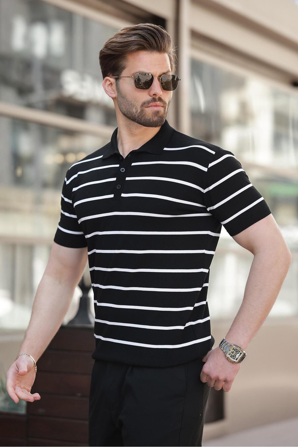 Madmext Siyah Çizgili Polo Yaka Erkek T-shirt E7405