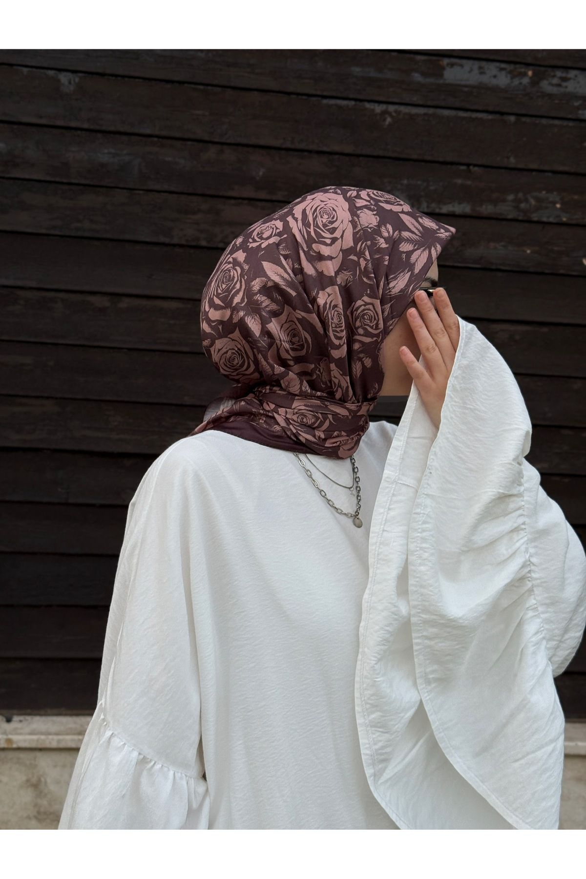 Qalortex Scarf Pamuklu Soft Roza Desen Eşarp-Kahve/Gül Kurusu