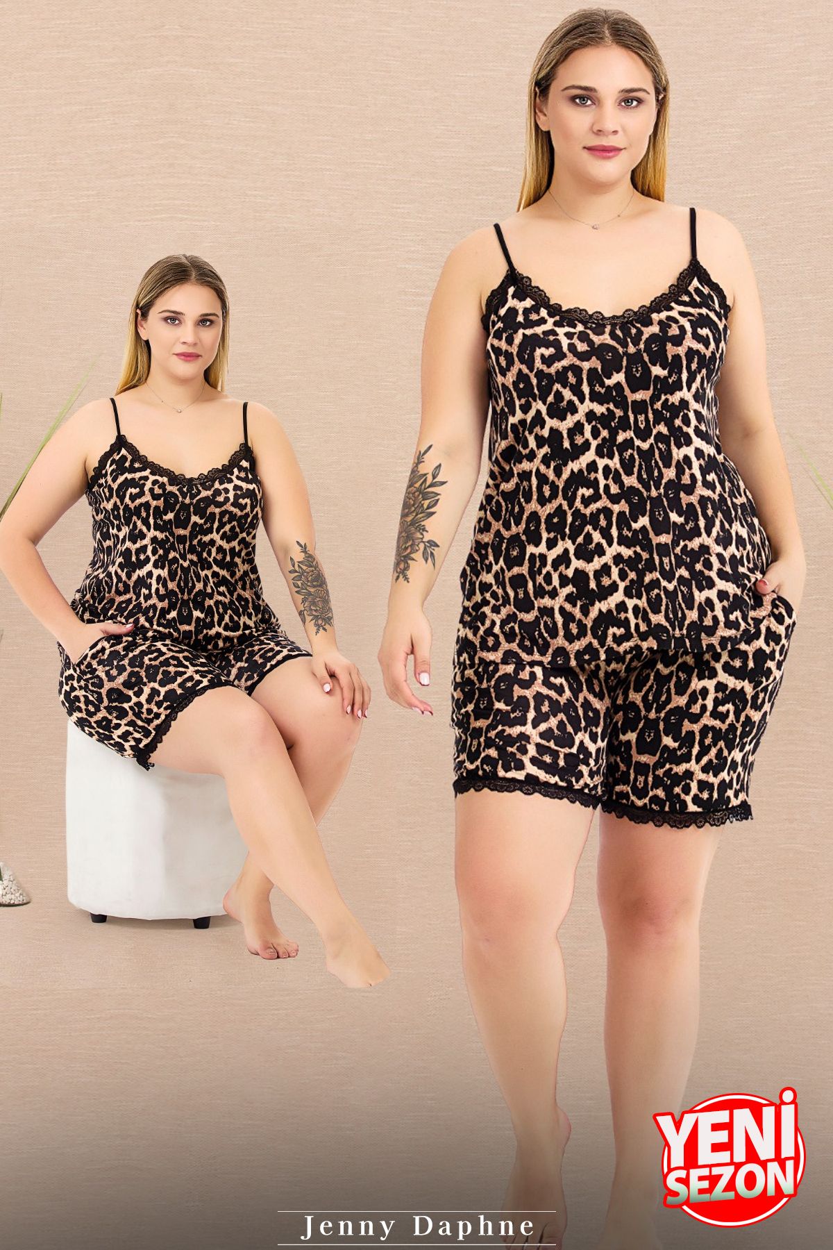 Jenny Daphne Lady büyük beden Leopar Desenli Şort İnce Askılı şortlu pijama takımı 10444