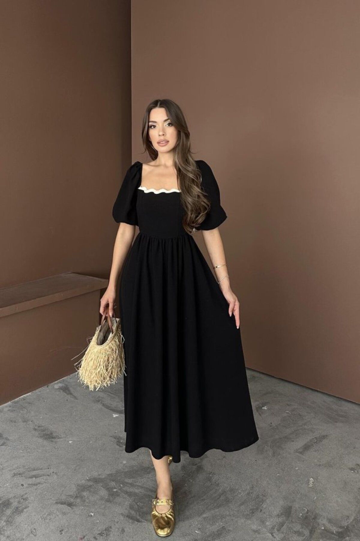 velmorafashion Siyah Arkası Bağlamalı Keten Elbise