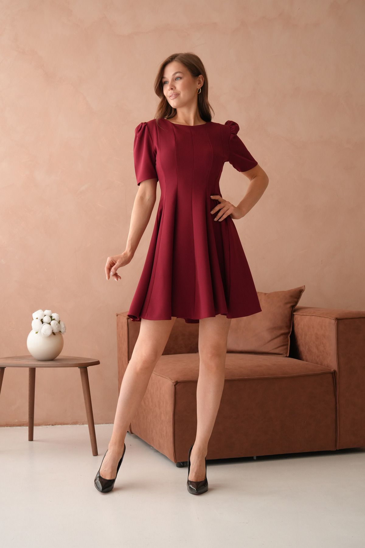 WOMAN VISION Kadın Kısa Kollu Kloş Kesim Pile Tasarım Şık Bordo Mini Elbise 2199